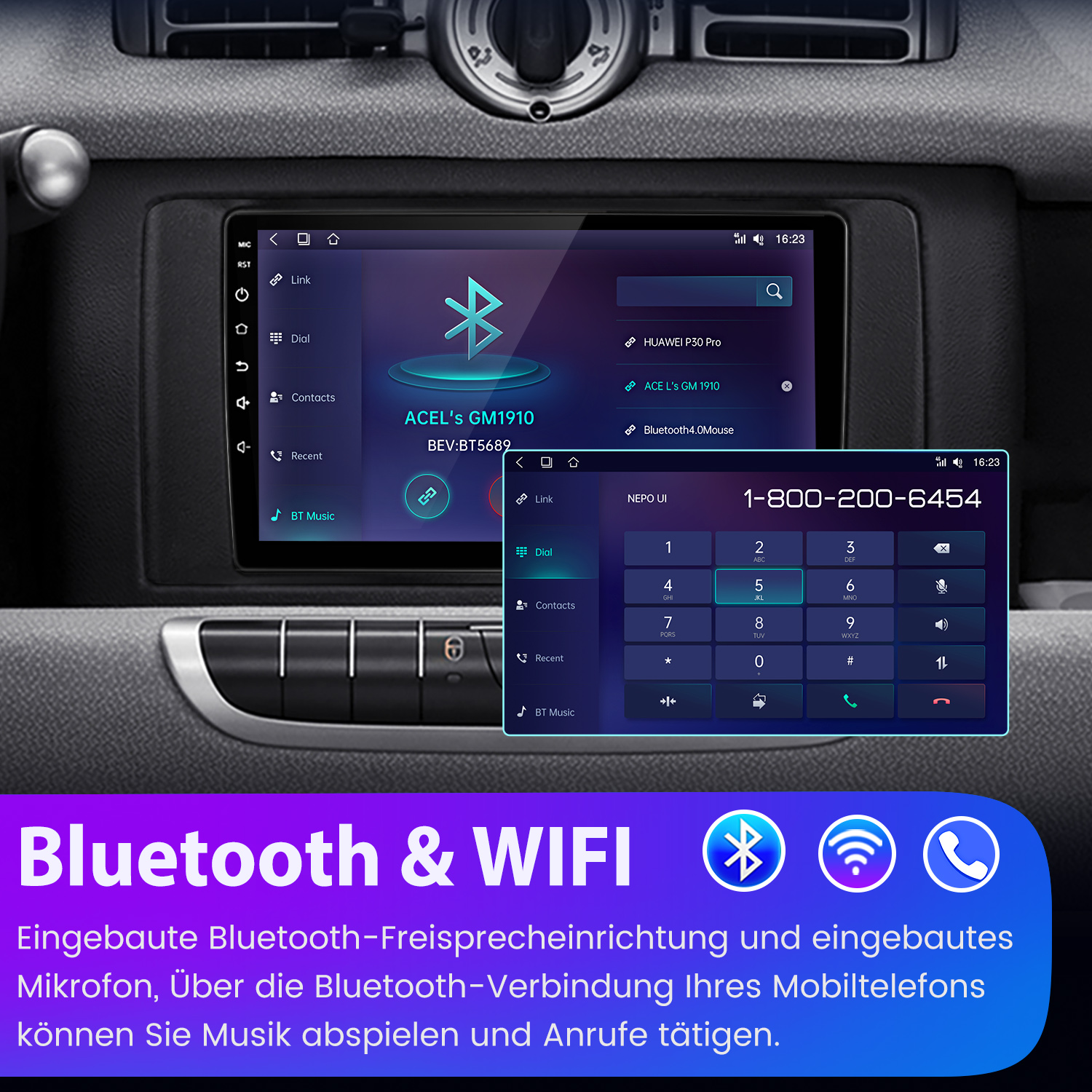Autoradio-Bildschirm mit Bluetooth und Telefontastatur. Schwarzer Armaturenbrett-Hintergrund.