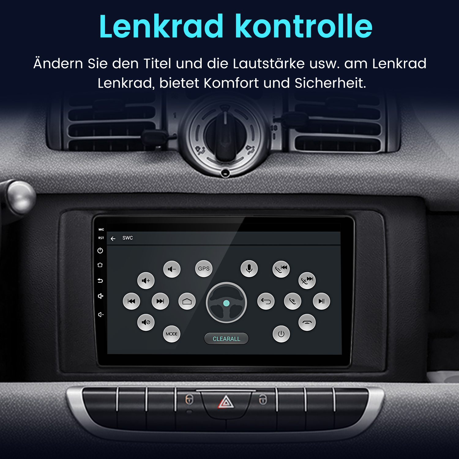 Armaturenbrett mit Digitalanzeige. Zeigt Bedienelemente für Lenkung, Lautstärke und andere Funktionen.