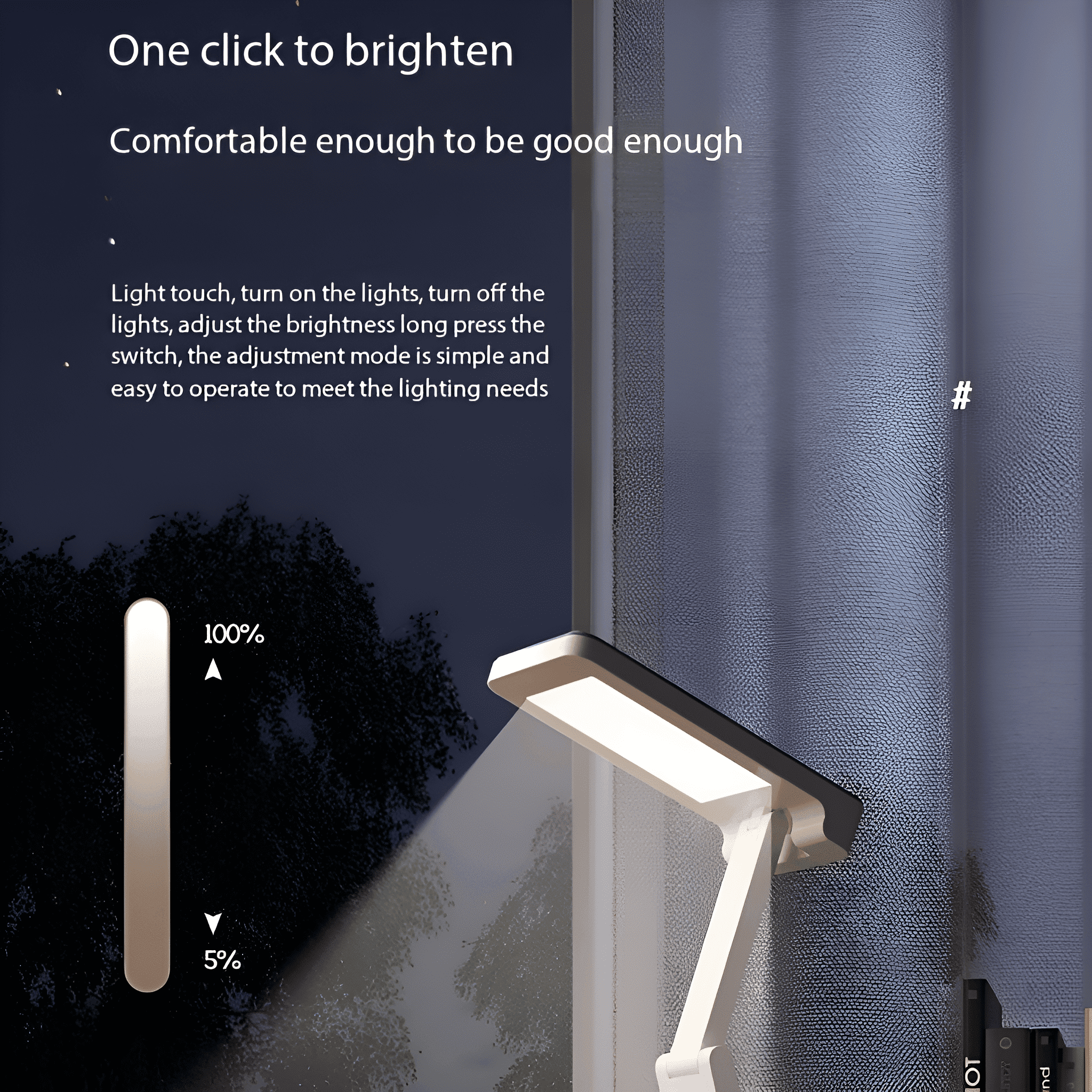 Eine Schreibtischlampe beleuchtet einen dunklen Raum, mit Helligkeitsskala und Text.