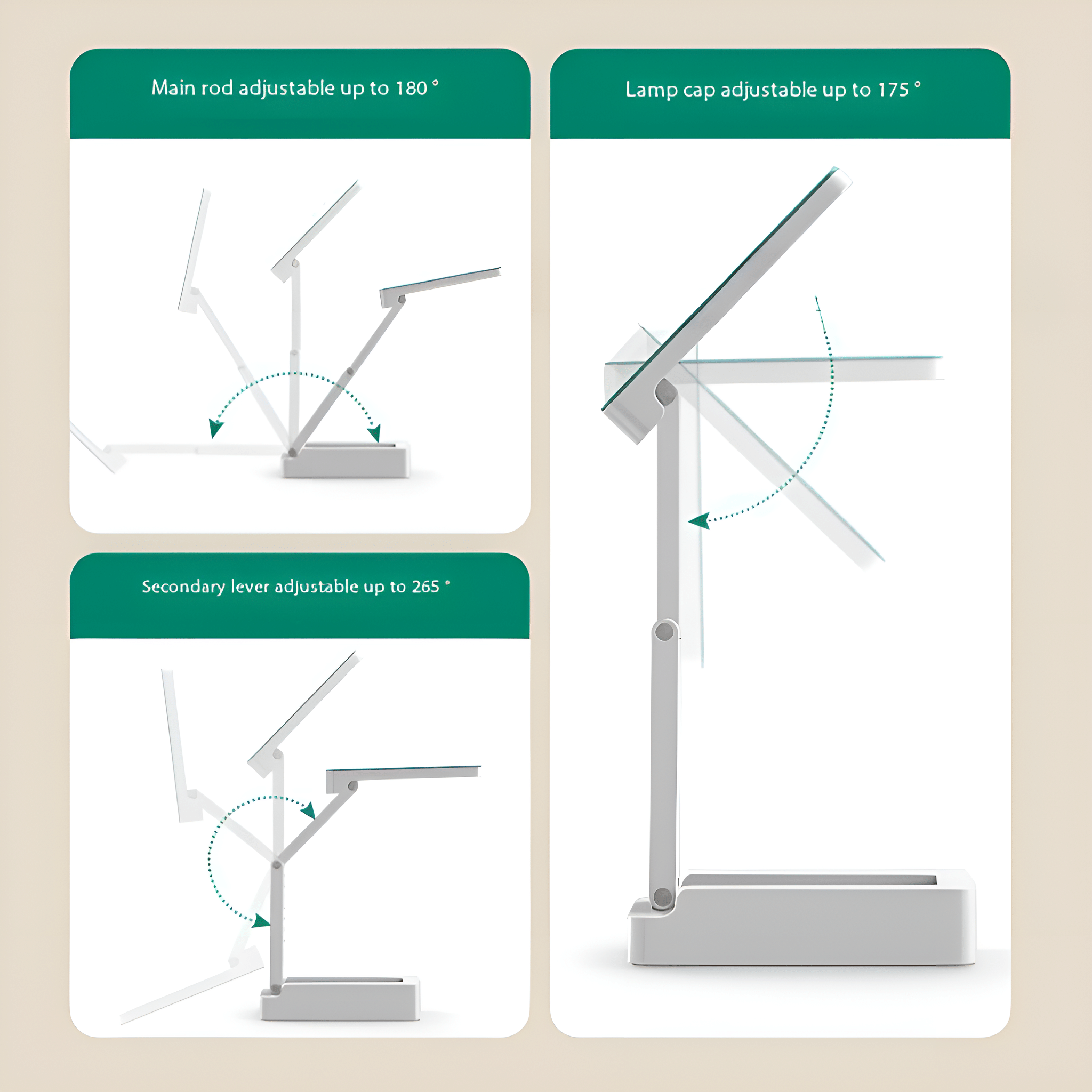 Diagramm einer verstellbaren Schreibtischlampe. Zeigt verschiedene Winkel und Einstellmöglichkeiten.