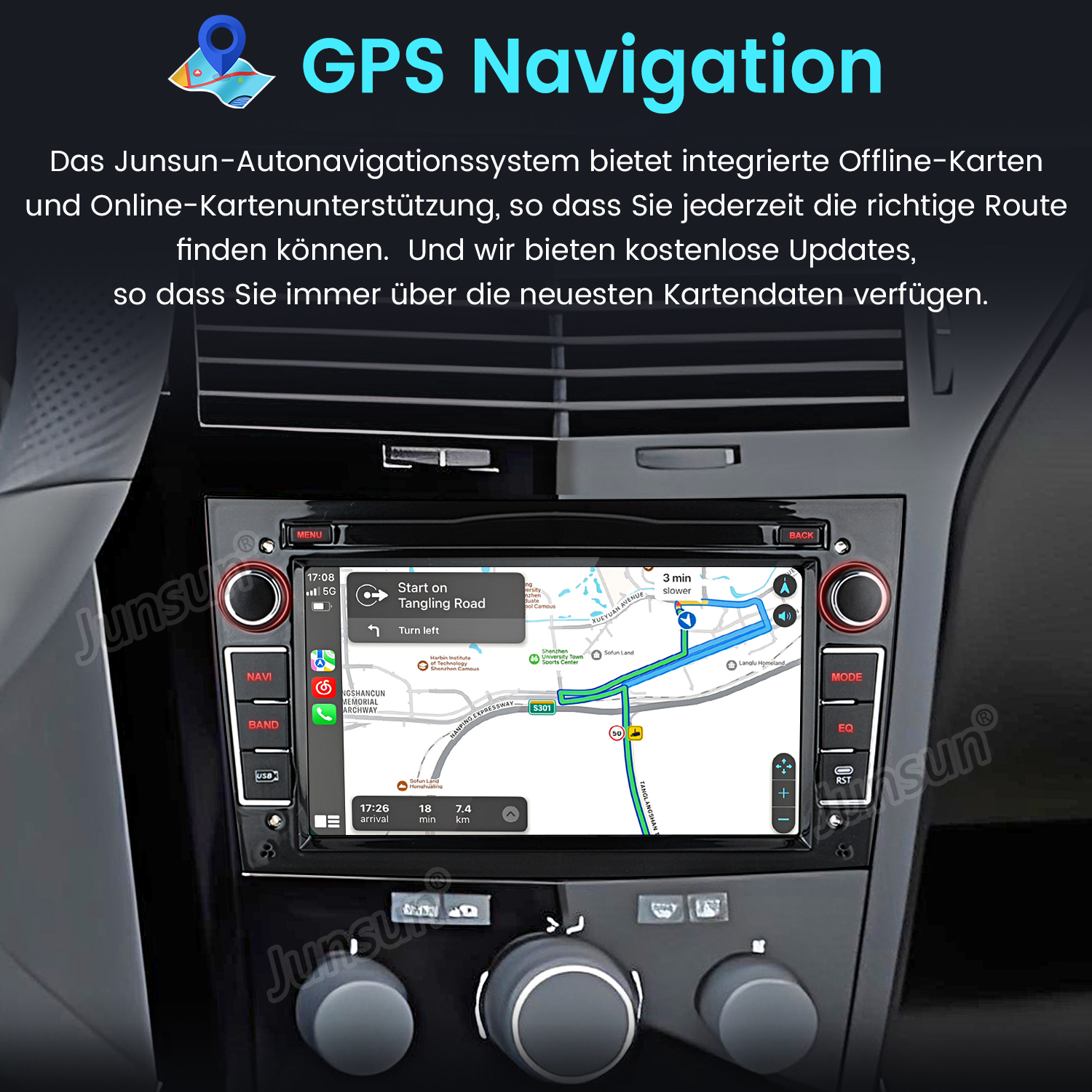 Der Bildschirm des Navigationssystems im Auto zeigt eine Karte. Der Bildschirm befindet sich im Armaturenbrett.