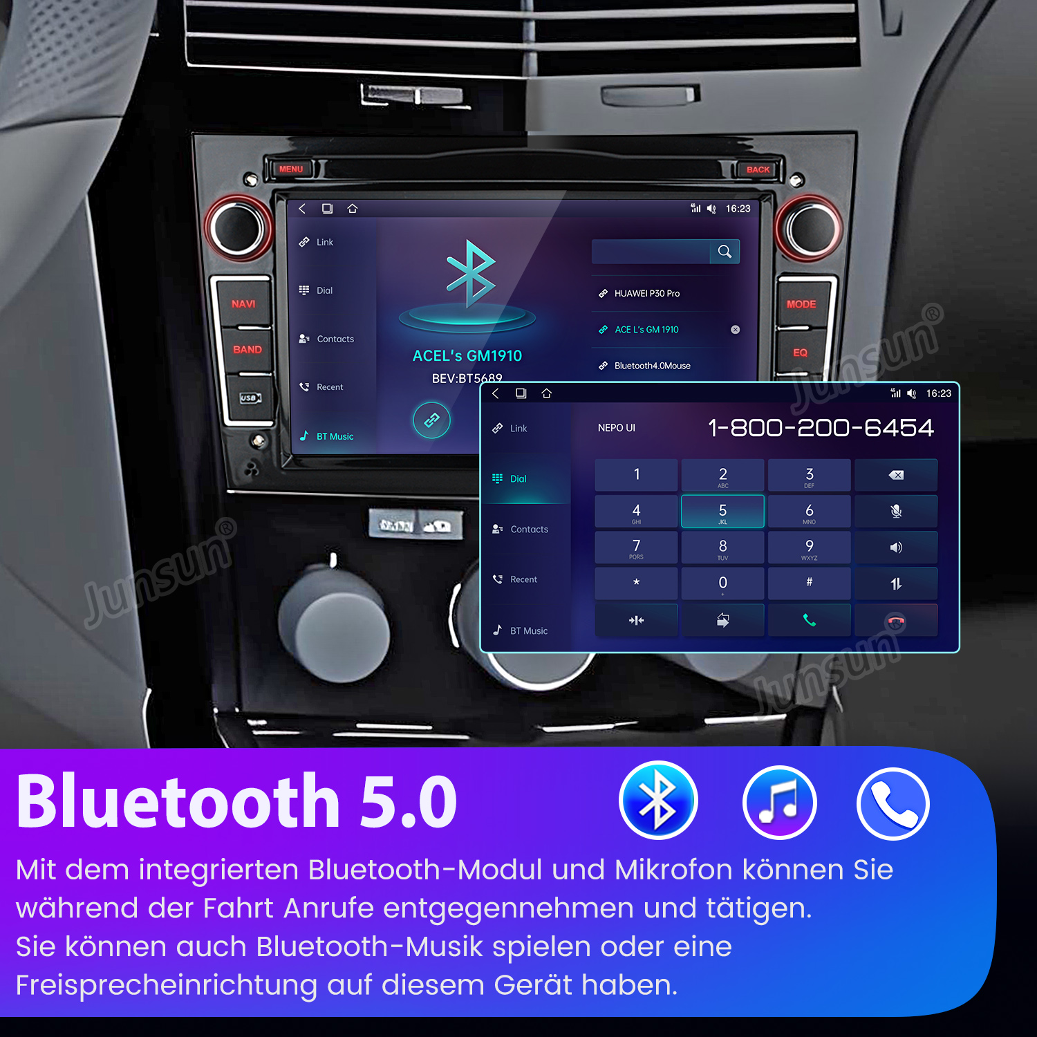 Autoradio-Bildschirm mit Bluetooth-Oberfläche und Anrufoptionen.