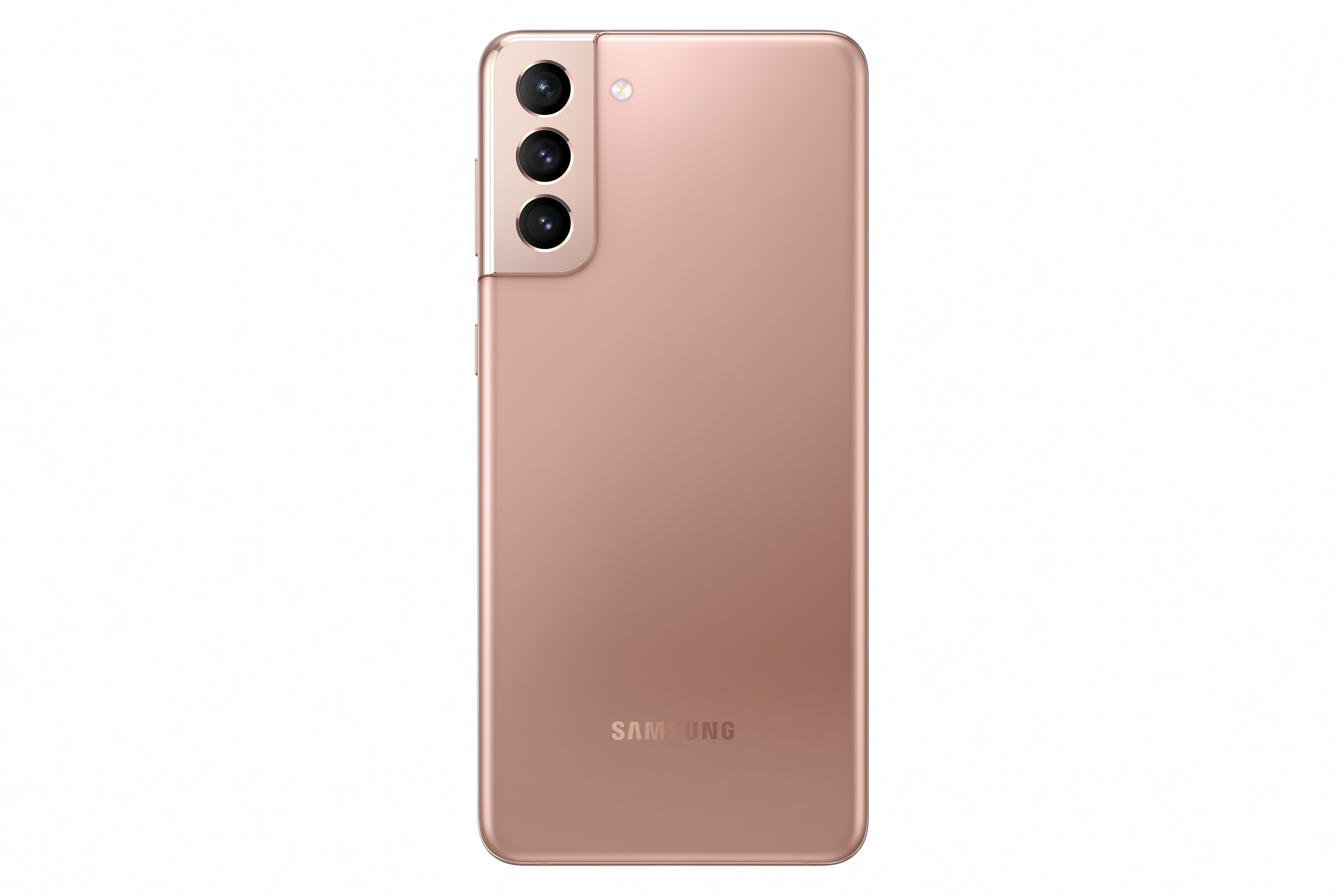 Rückseite eines roségoldenen Smartphones mit Dreifachkamera und Samsung-Logo.