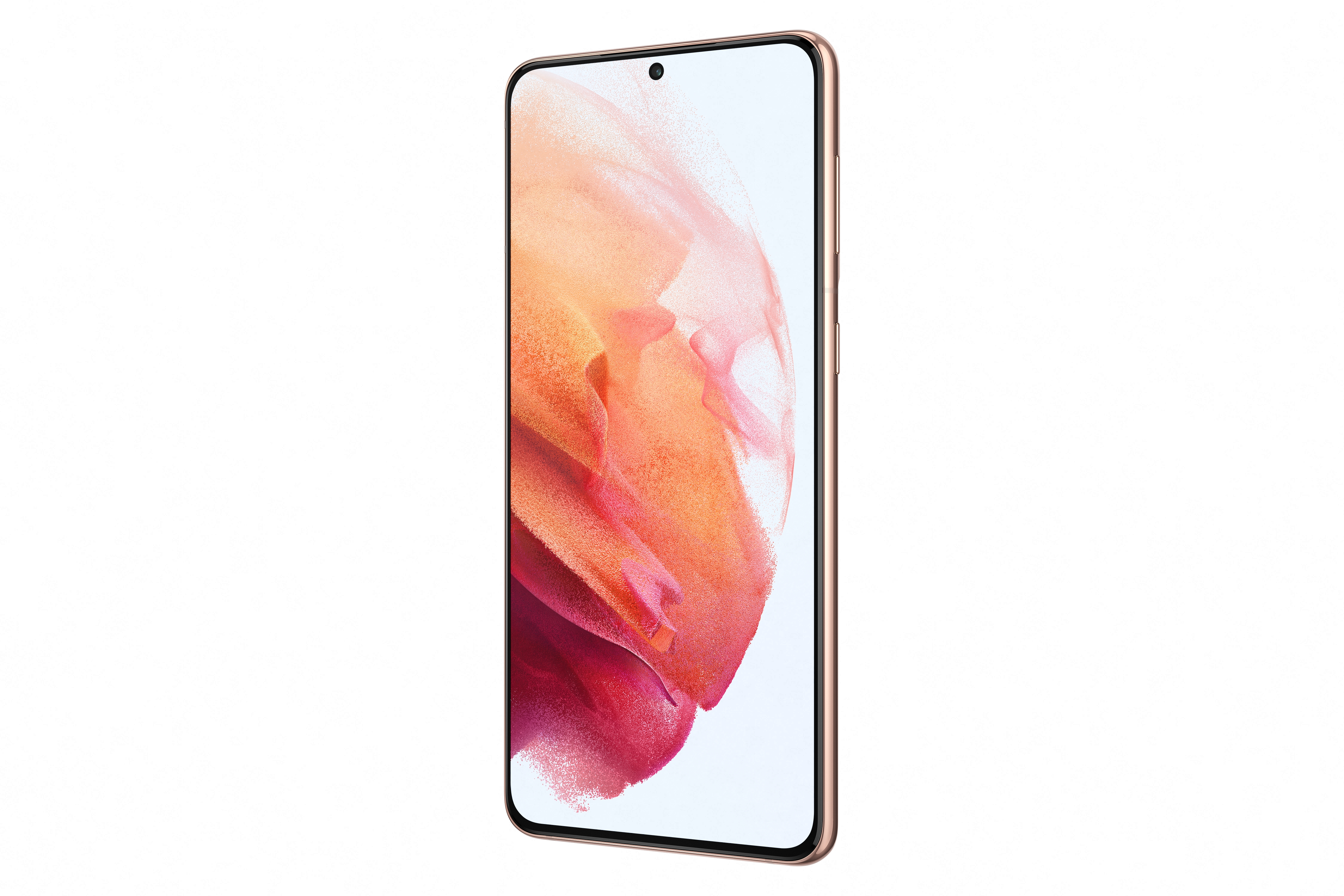 Ein roségoldenes Smartphone auf Weiß. Der Bildschirm zeigt ein farbenfrohes abstraktes Bild.