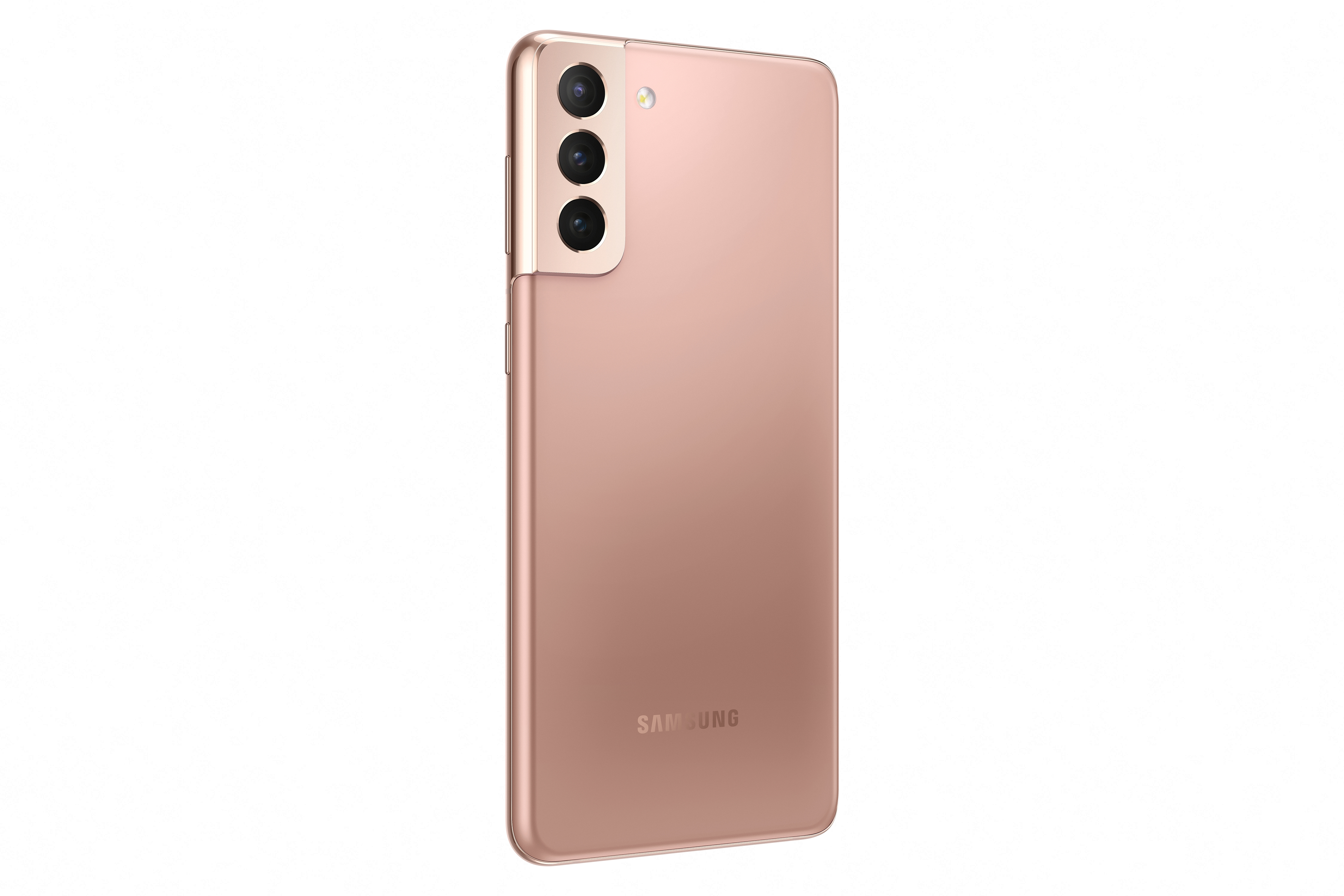 Roségoldenes Samsung S21+-Telefon, Rückansicht. Es hat drei Kameras und ein Samsung-Logo. Der Hintergrund ist weiß.