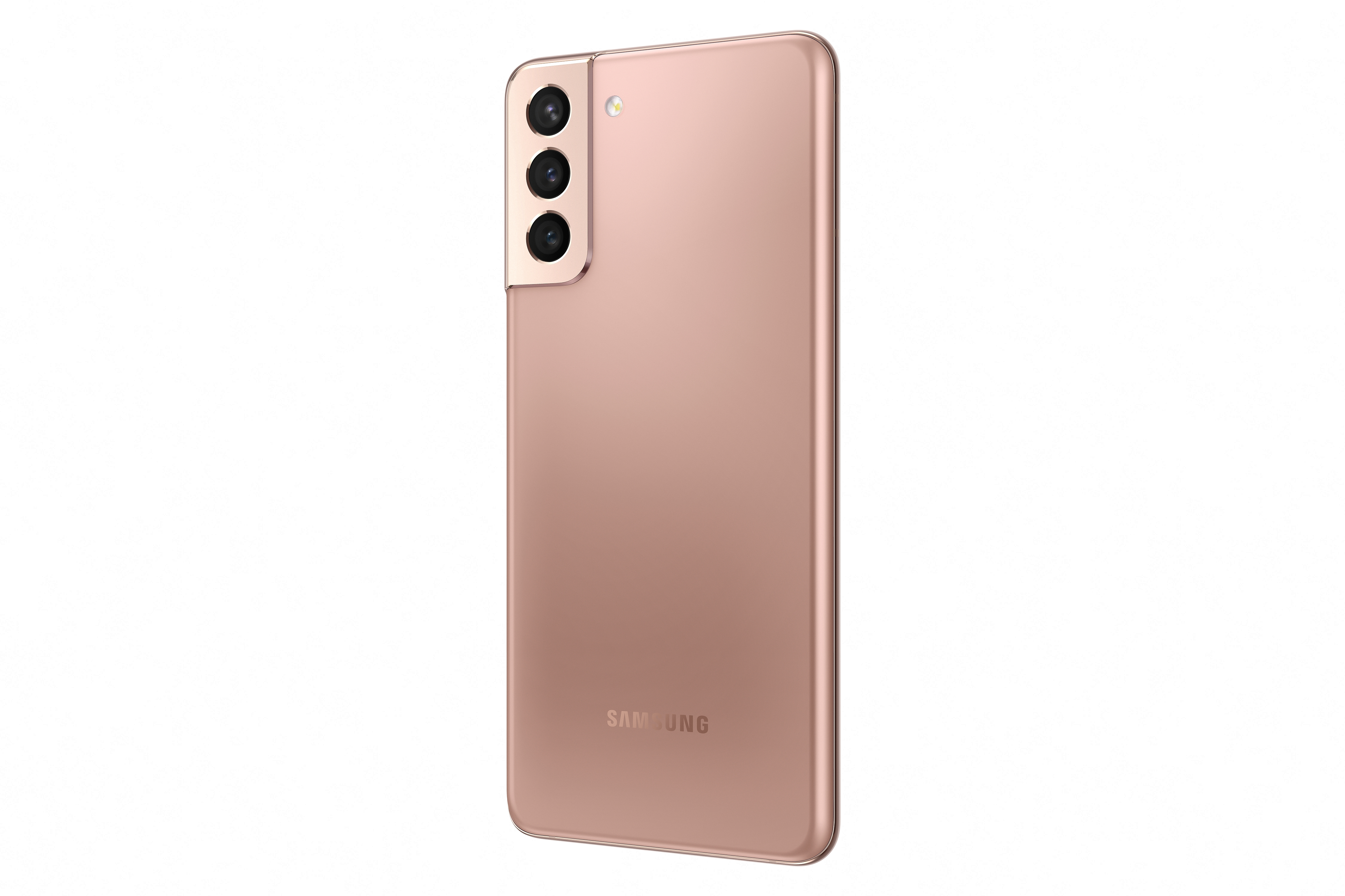 Rückansicht eines pinkfarbenen Smartphones mit drei Kameras und dem Samsung-Logo. Das Telefon ist roségold.