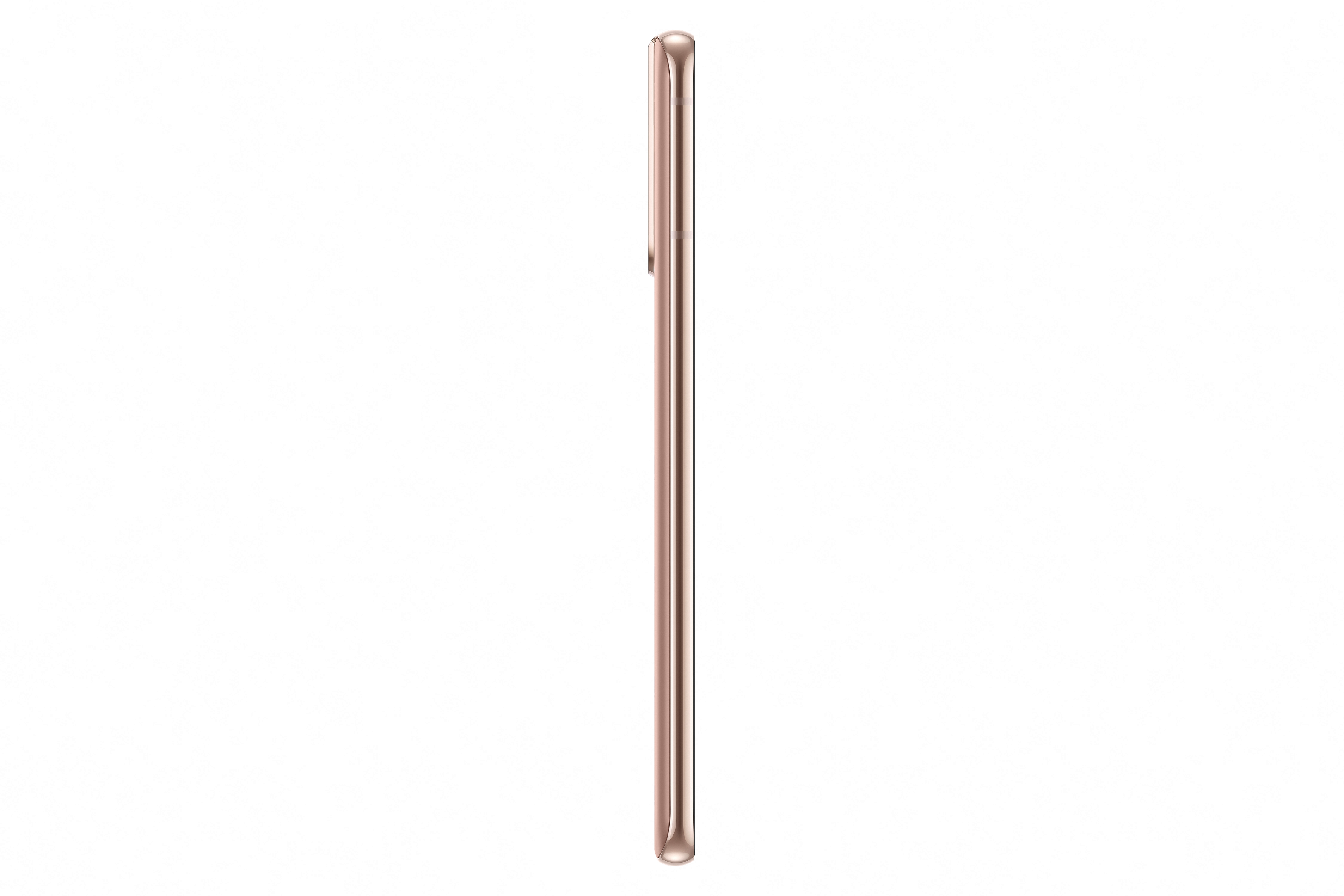 Ein roségoldenes Smartphone von der Seite gesehen, das die Dicke vor weißem Hintergrund zeigt.