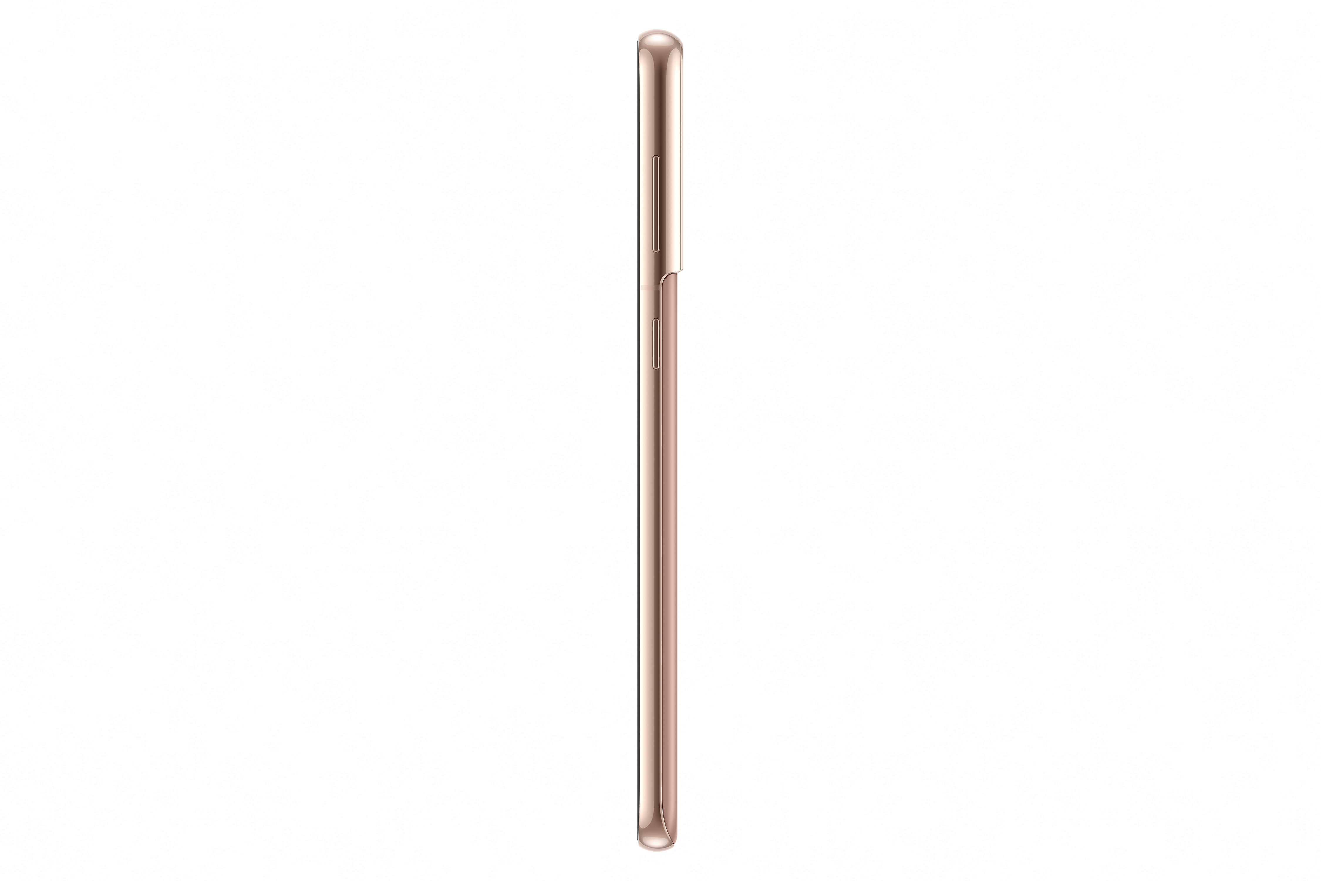 Ein roségoldenes Smartphone-Profil, das die Seite mit Lautstärke- und Ein/Aus-Tasten zeigt.