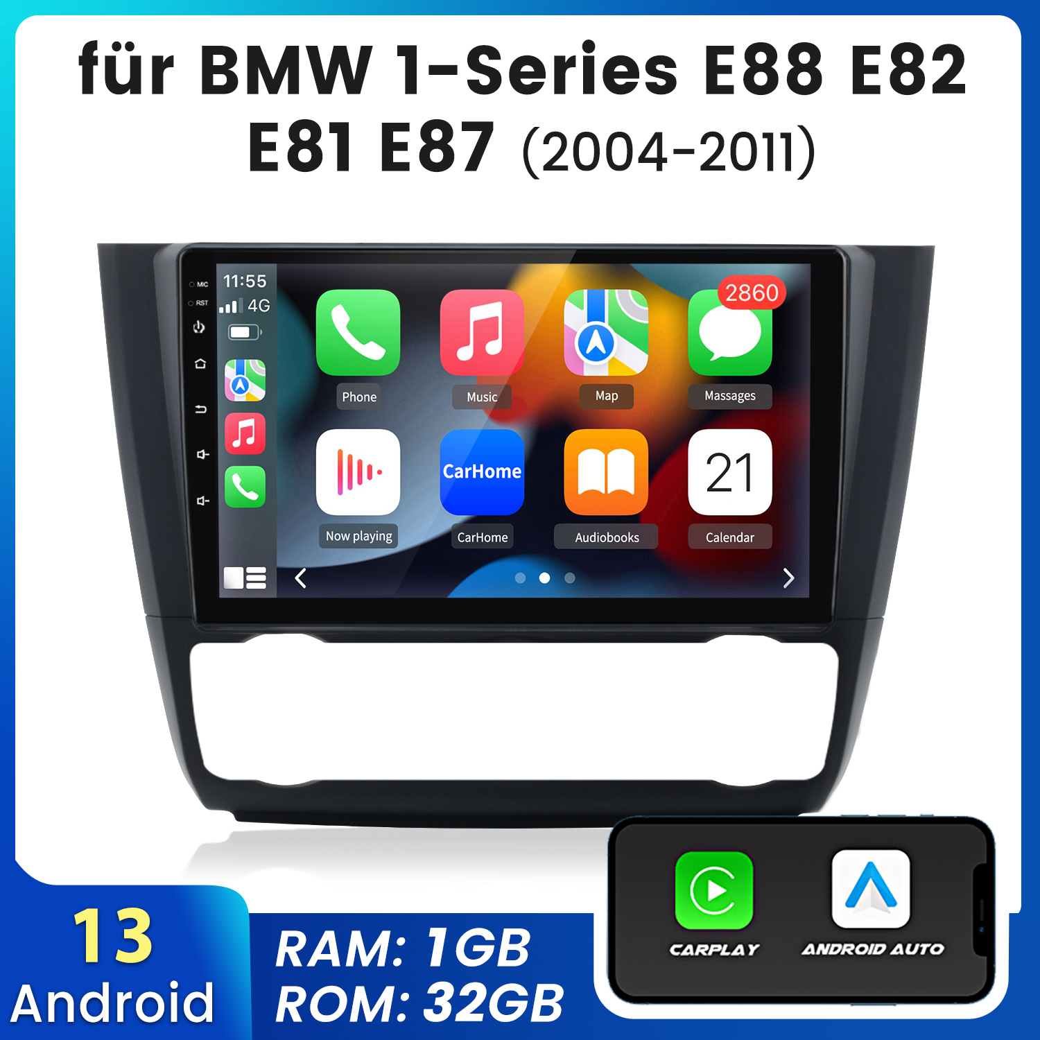 Radio samochodowe z ekranem dotykowym, ikony aplikacji. Tekst: dla BMW 1-Series. Android Auto/CarPlay.