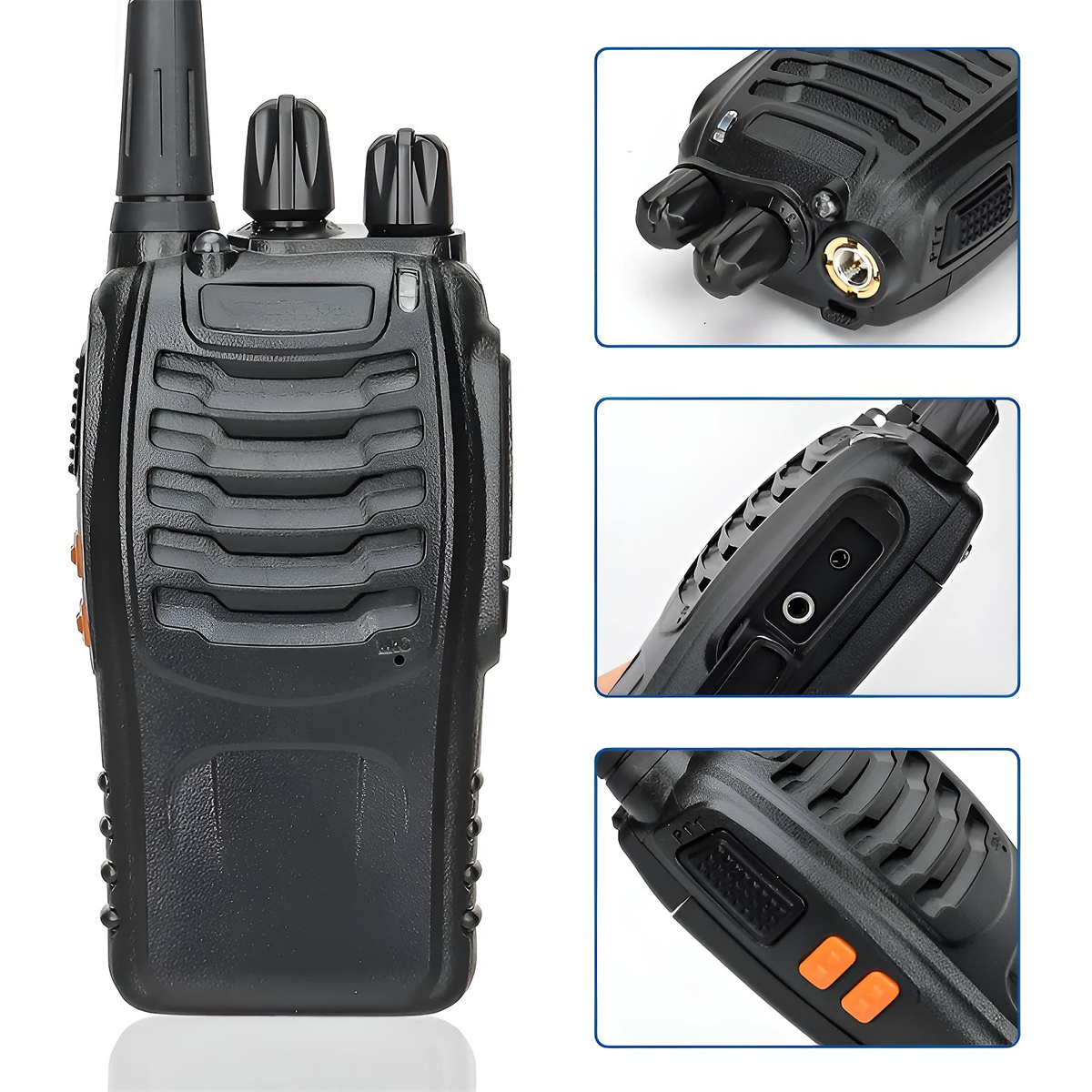 Schwarzes Walkie-Talkie mit detaillierten Ansichten. Weißer Hintergrund.