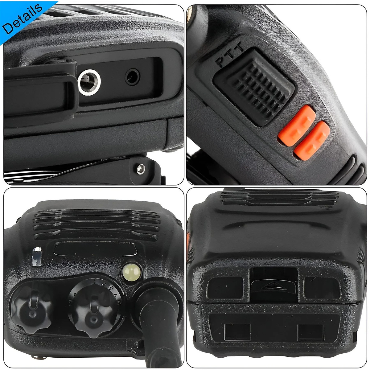 Nahaufnahme eines schwarzen Walkie-Talkies. Zeigt verschiedene Teile: Knöpfe, Buchsen und Drehregler. Details in den Bildern.