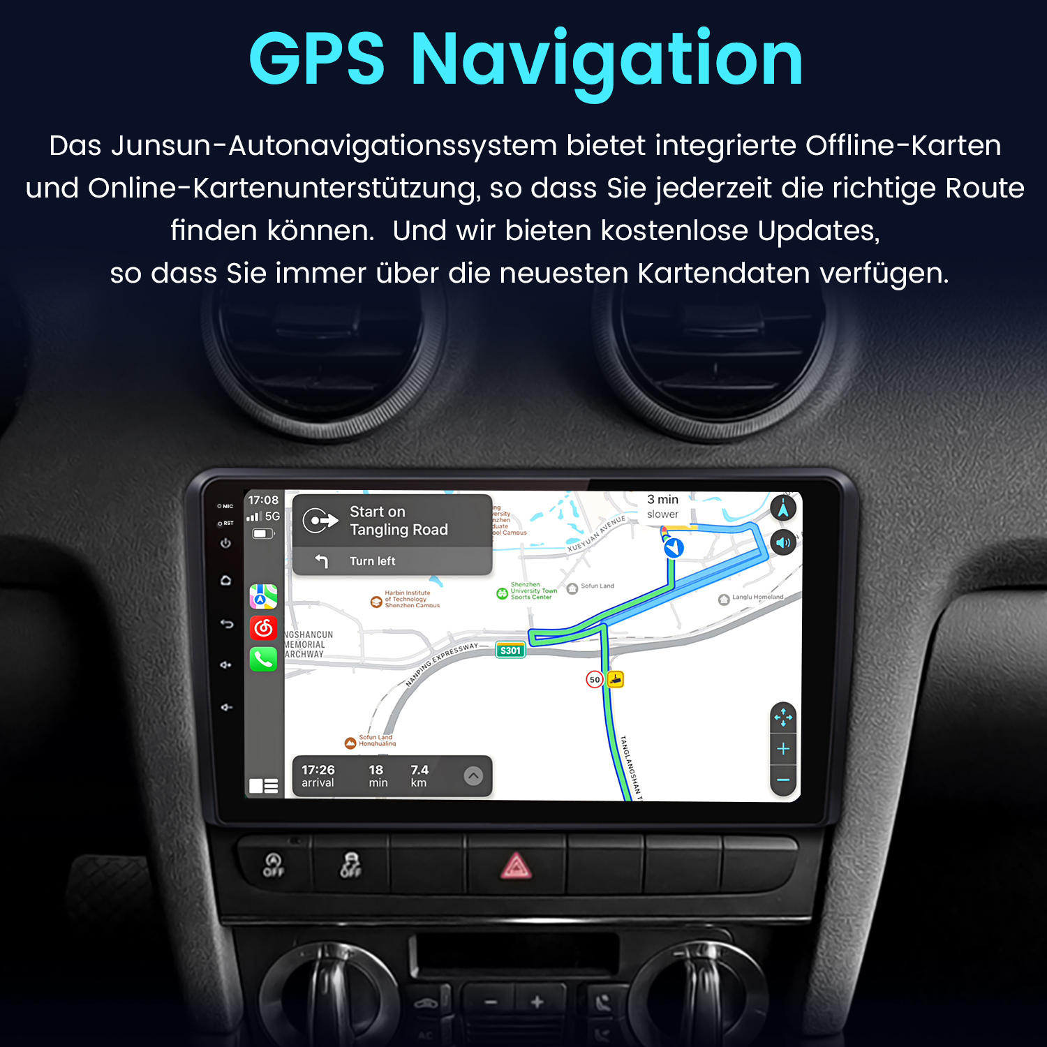 Armaturenbrett eines Autos mit GPS-Navigationsbildschirm, der eine Karte und Straßendetails anzeigt.
