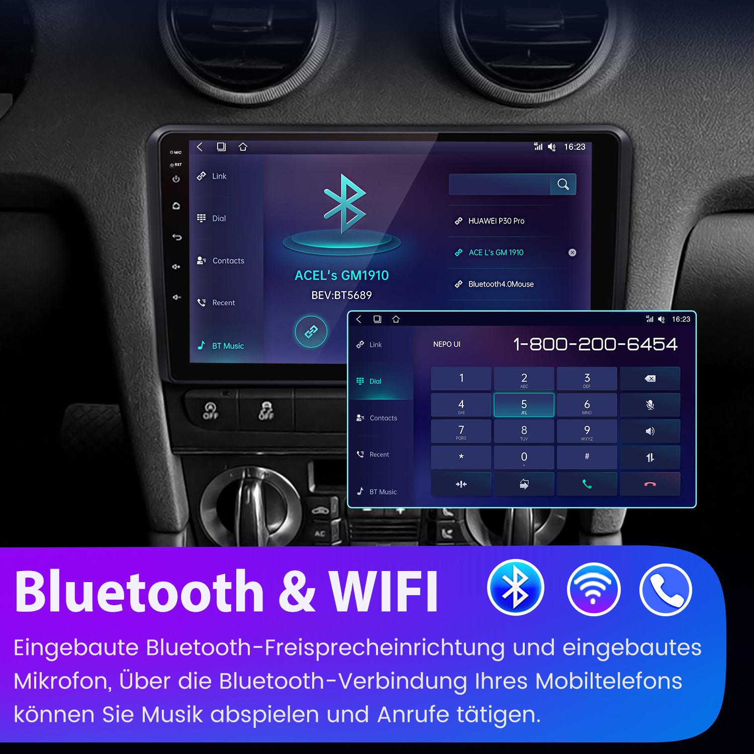 Ekran multimedialny w samochodzie wyświetlający dialer telefoniczny z funkcją Bluetooth i WIFI.
