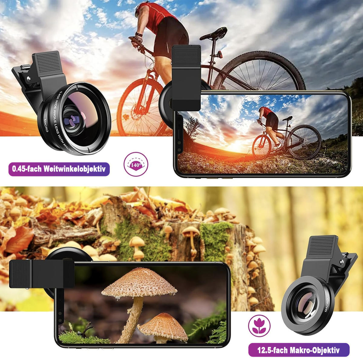 Bilder mit an einem Telefon befestigten Telefonobjektiven. Personen sind beim Fahrradfahren und Nahaufnahmen von Pilzen zu sehen.