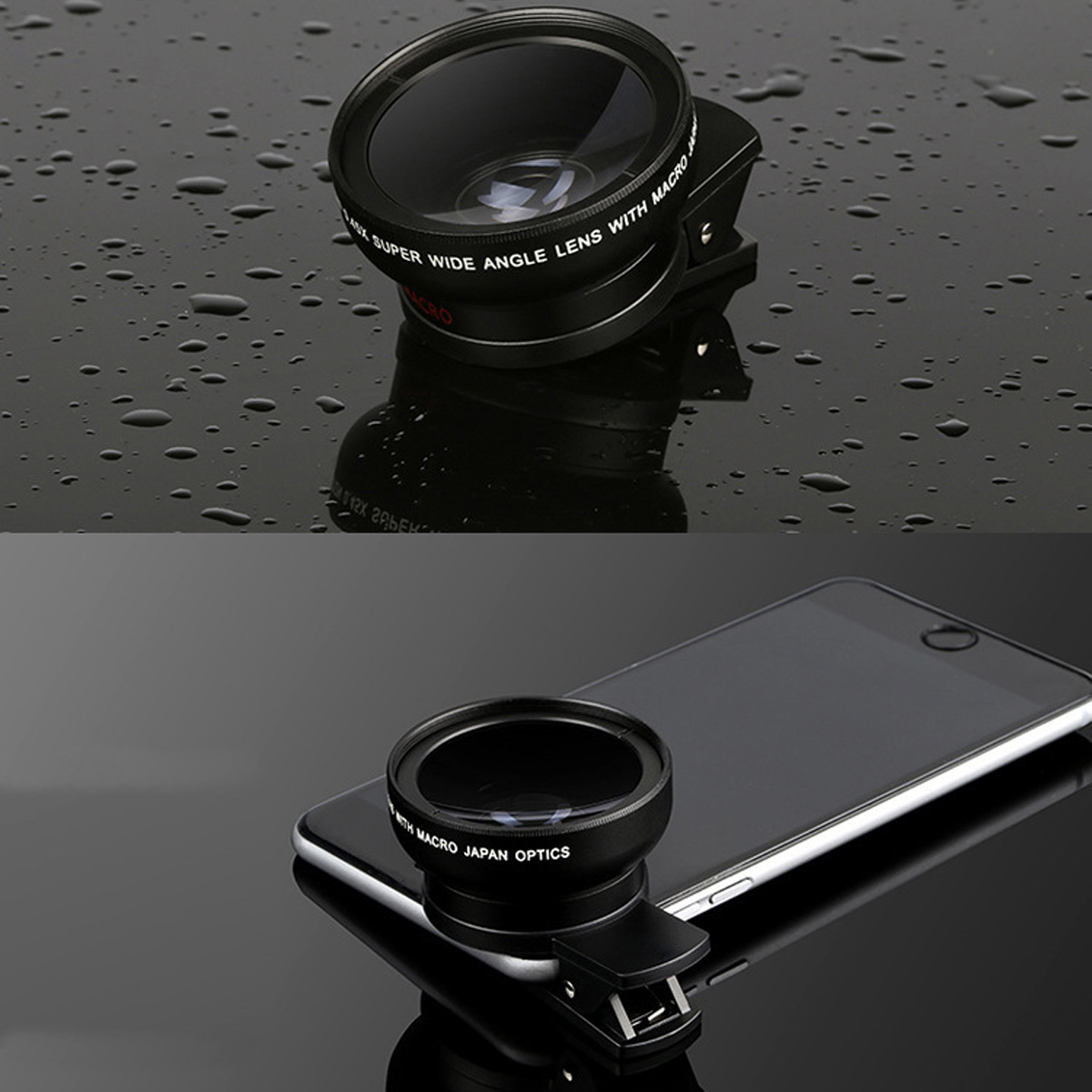 Eine Makro-Linse, die an einem Smartphone befestigt ist. Das Bild zeigt die Linse in Verwendung und separat.