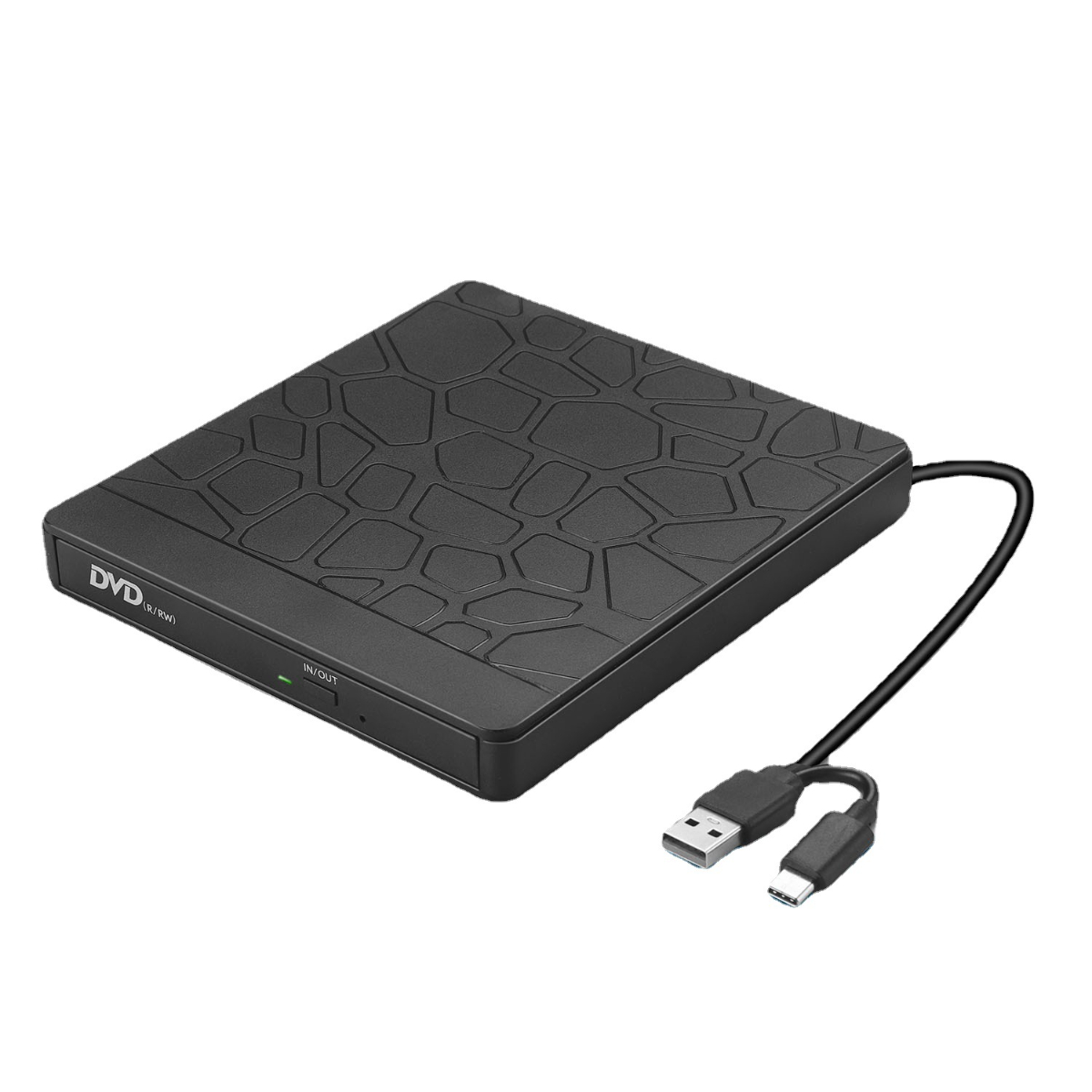 Ein schwarzer tragbarer DVD-Player mit angeschlossenem USB-Kabel. Es hat eine strukturierte Oberfläche.