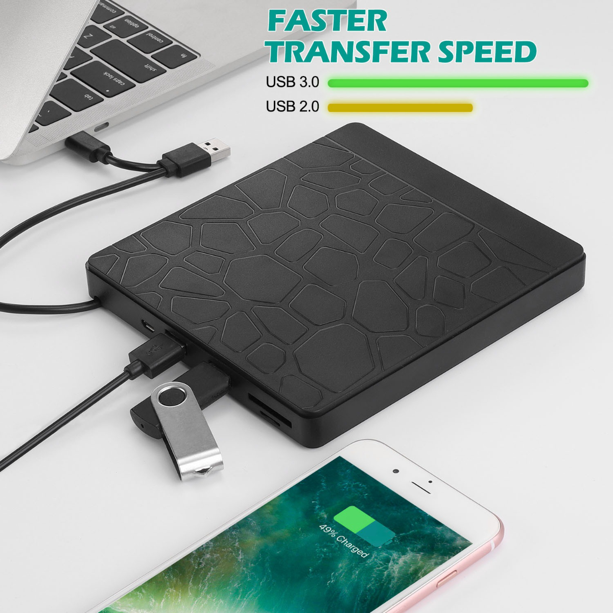 Ein schwarzes Gerät mit USB-Hub ist mit einem Laptop, einem Smartphone und einem USB-Stick verbunden. Schnellerer Transfer.
