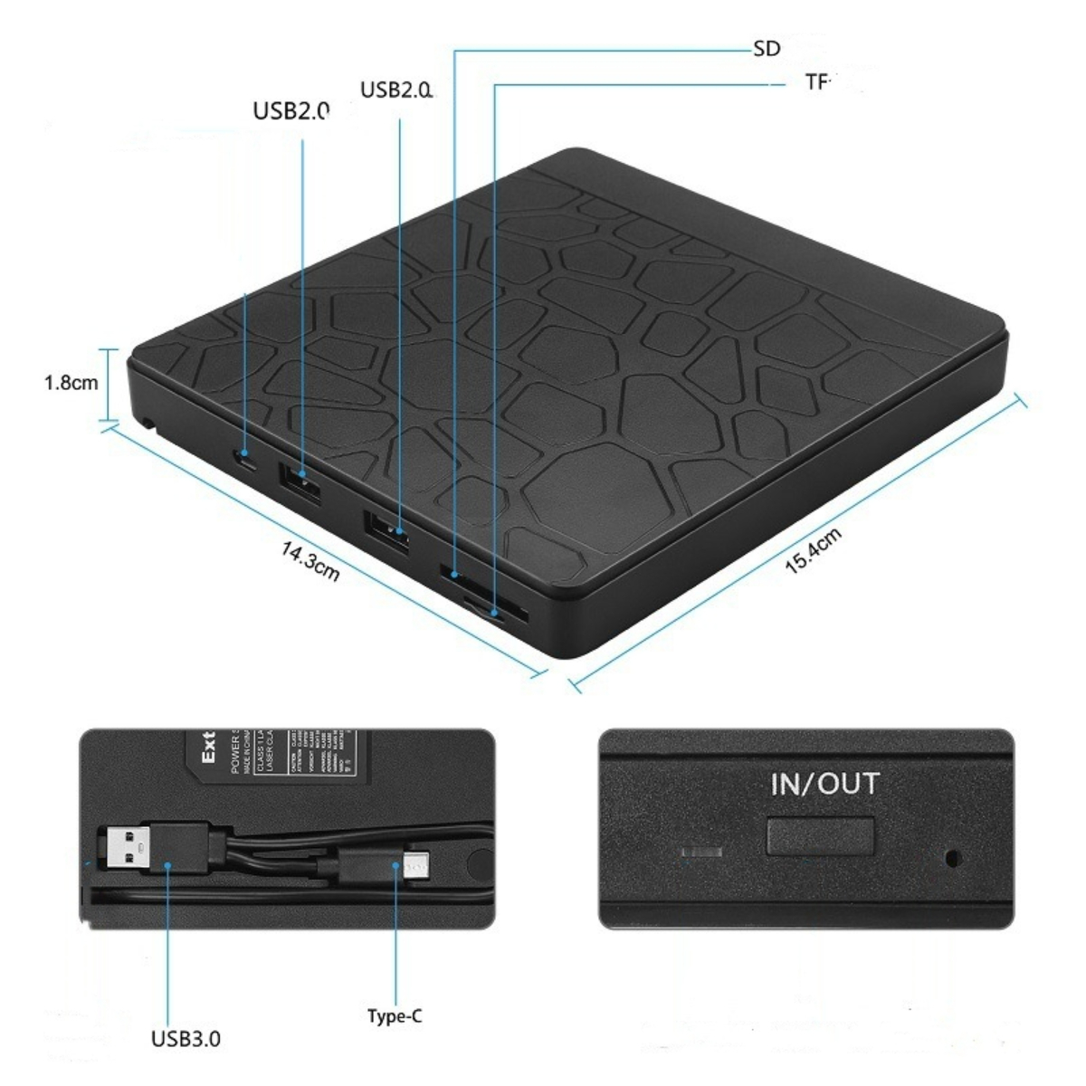 Schwarzes Gerät mit USB-, USB 2.0- und Typ-C-Anschlüssen. Maße und Beschriftungen.