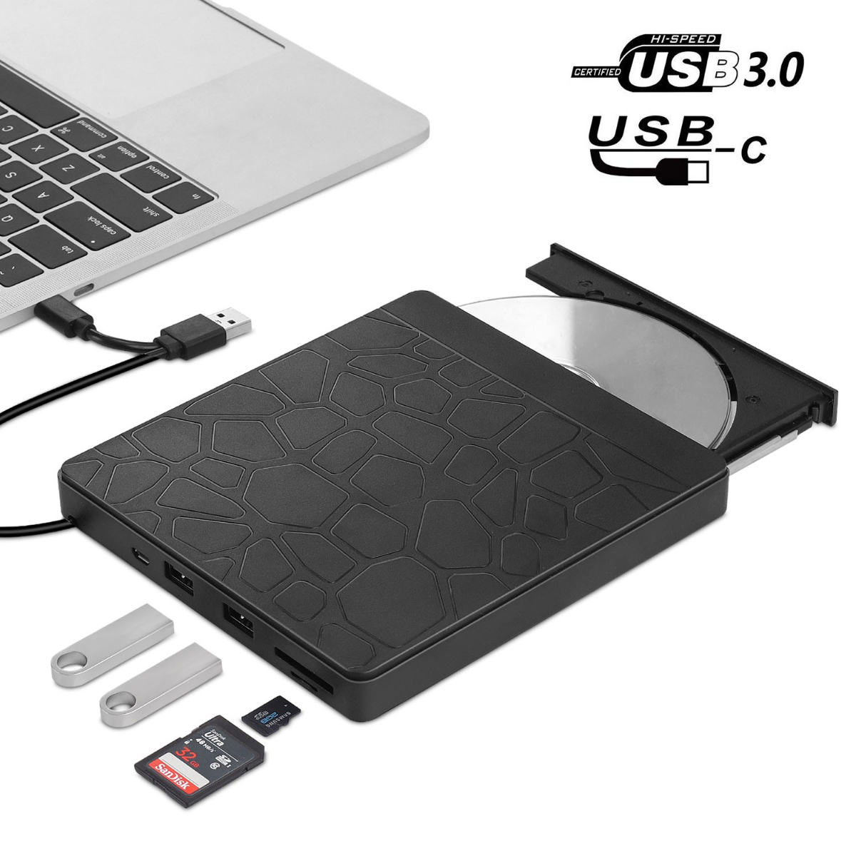 Ein schwarzes externes CD/DVD-Laufwerk mit USB-Anschlüssen und einem Laptop.