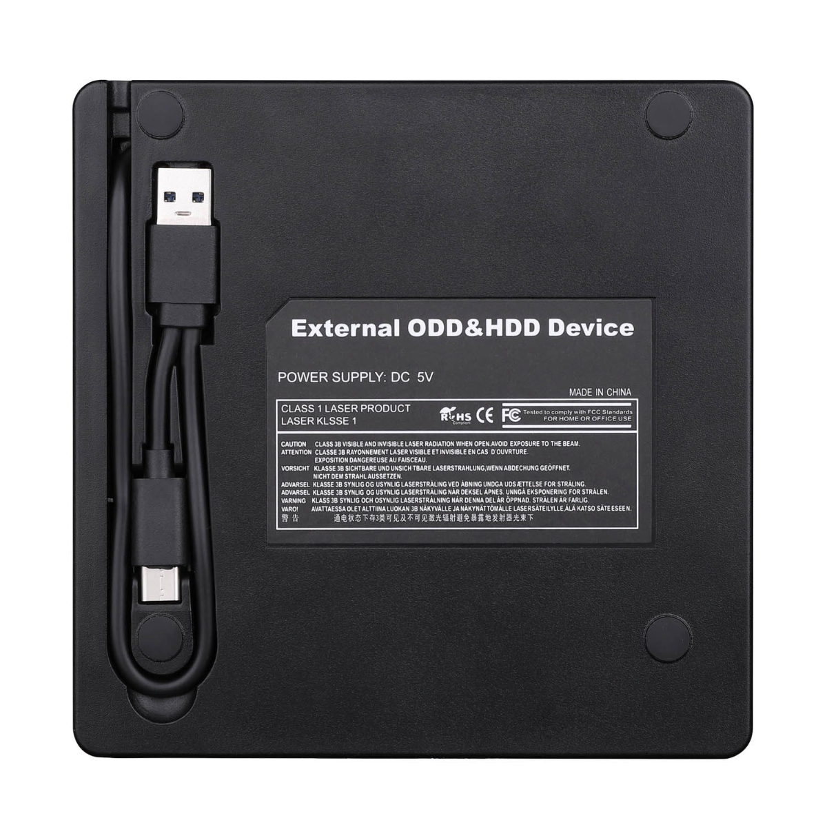 Schwarzes externes ODD- und HDD-Gerät mit USB- und Stromkabeln, Warnhinweise vorhanden.