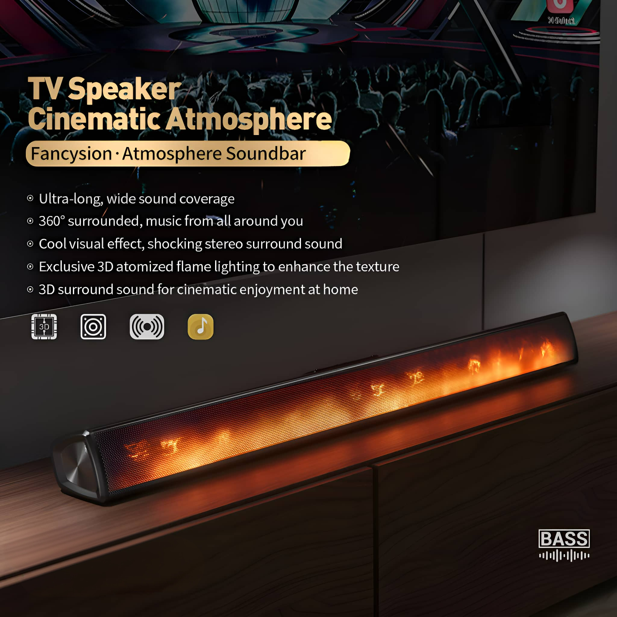 Eine schwarze Soundbar auf einem Holzschrank. Text und Symbole oben, ein Fernsehbild im Hintergrund.