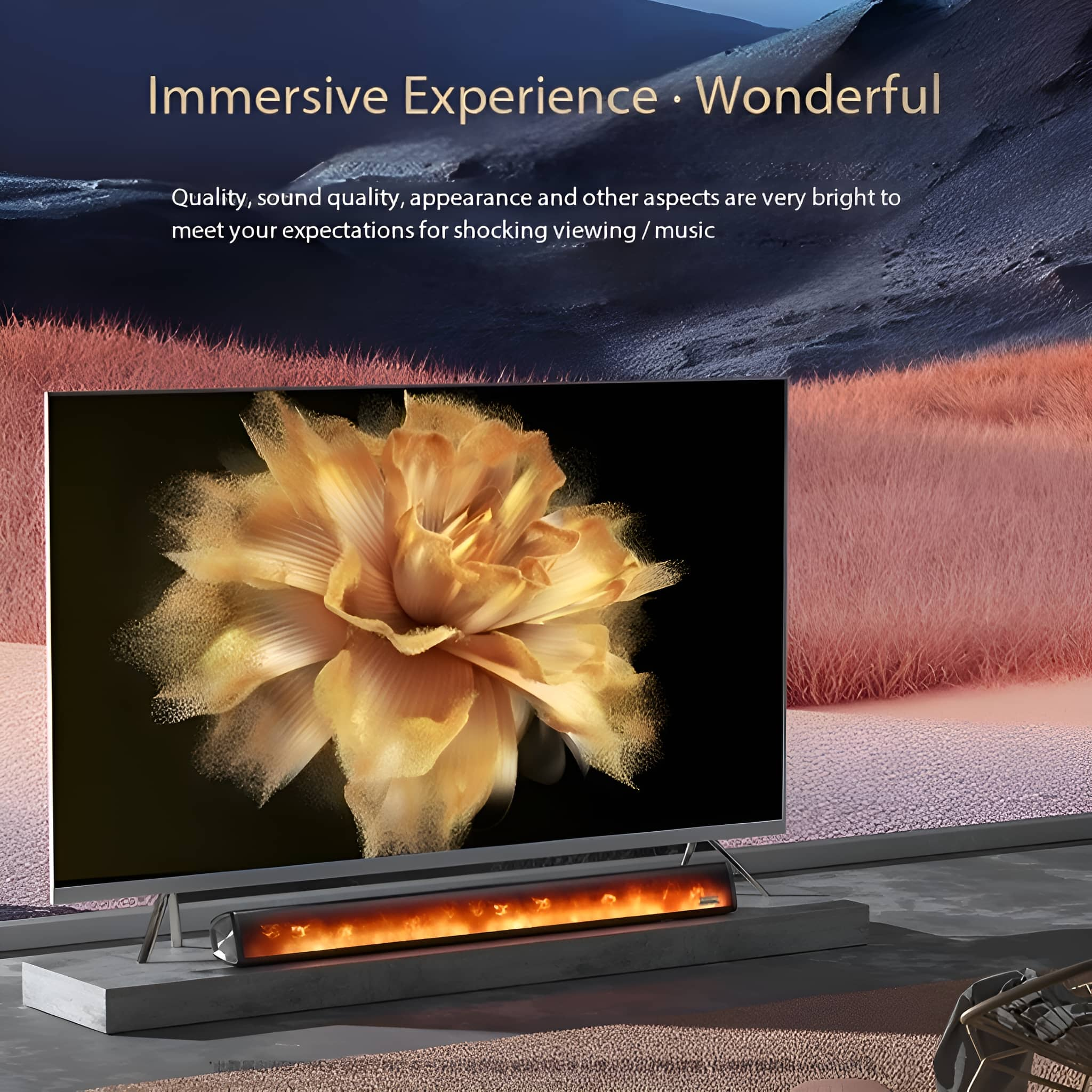 Ein Fernsehbildschirm zeigt eine goldene Blume, die auf einer grauen Plattform sitzt, mit einer Soundbar darunter.