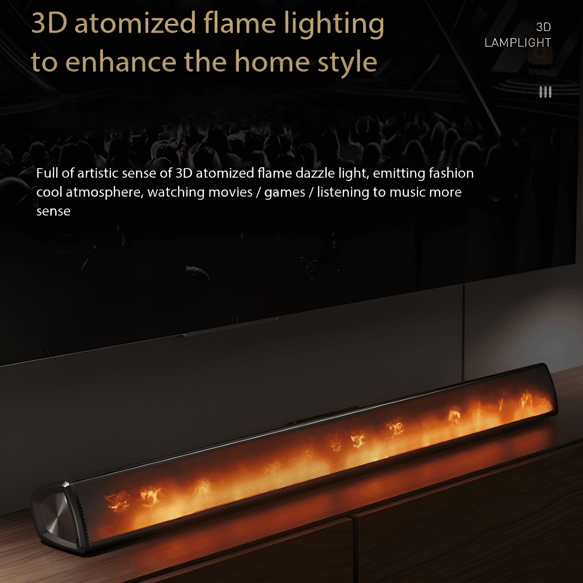 Soundbar mit Flammeneffekt auf Holzoberfläche, zur Aufwertung des Wohnstils.