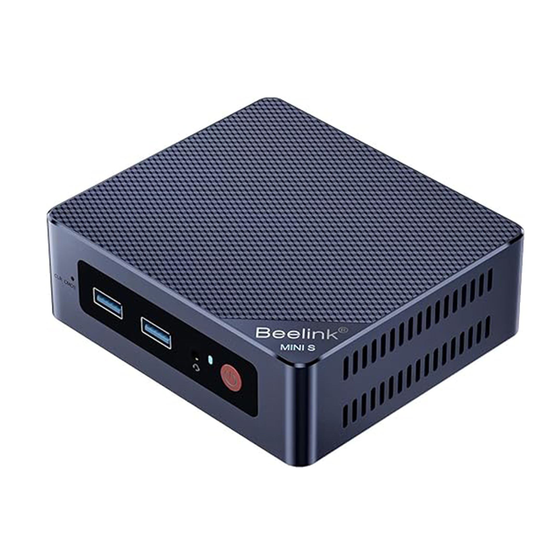 Dunkelblauer Beelink Mini S Computer. Mit USB-Anschlüssen und einem Power-Button. Schwarze Oberfläche mit Gittermuster.