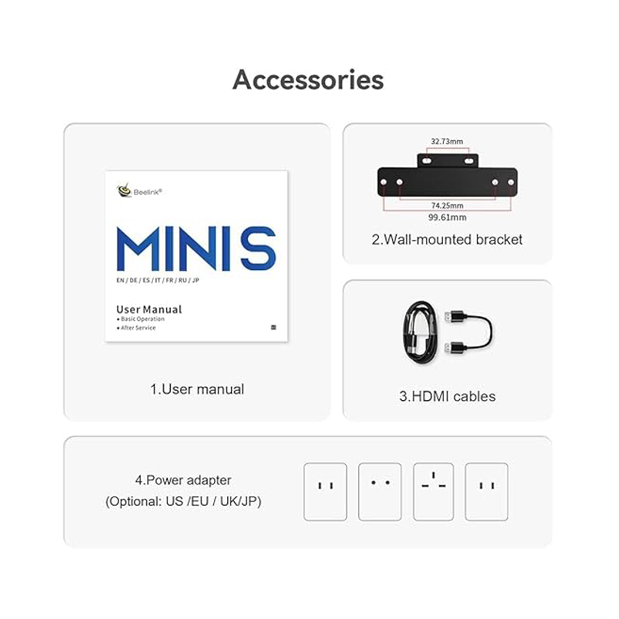 Zubehör: Benutzerhandbuch, Wandhalterung, HDMI-Kabel und Netzteil (optional) werden angezeigt.
