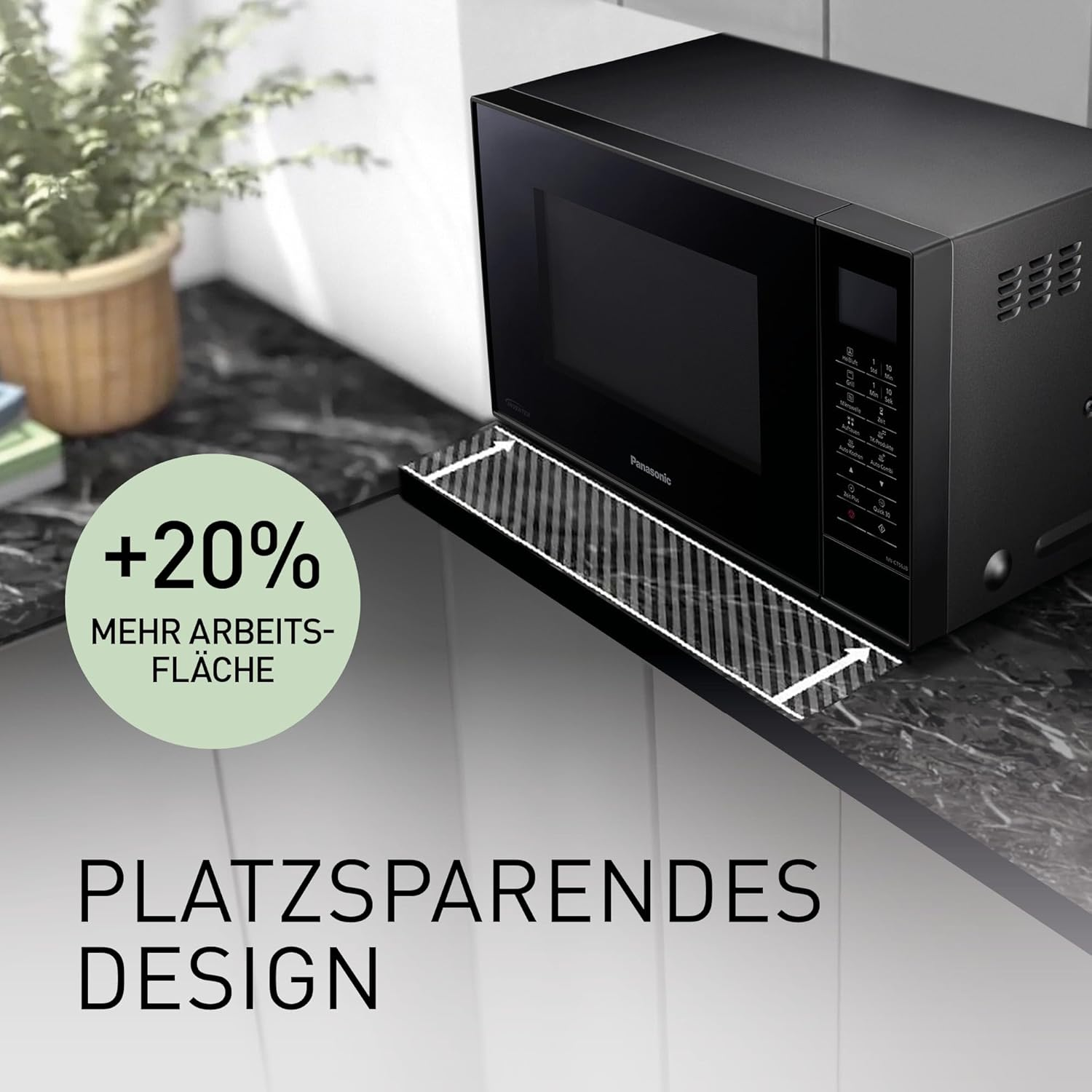 Czarny piekarnik mikrofalowy umieszczony na blacie. Tekst mówi +20% więcej miejsca do pracy.