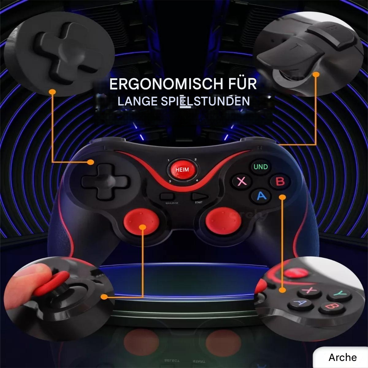 Ein schwarzer und roter Gamecontroller mit hervorgehobenen Tasten, mit Details des Controllers.