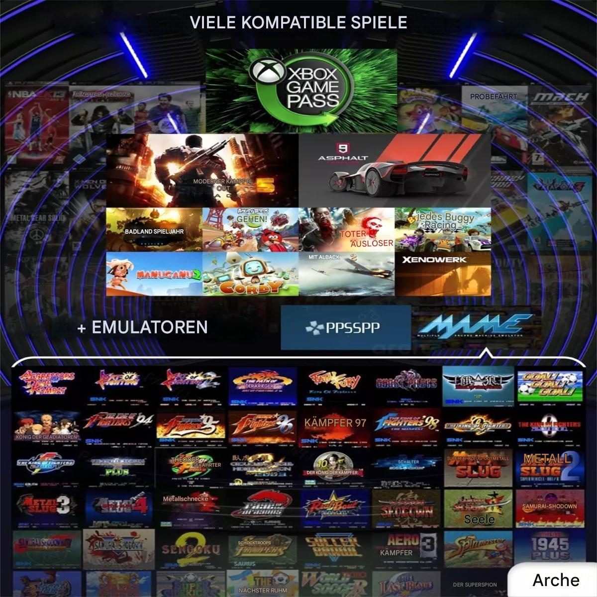 Eine Collage von Spielcovern mit einem Xbox Game Pass Logo.