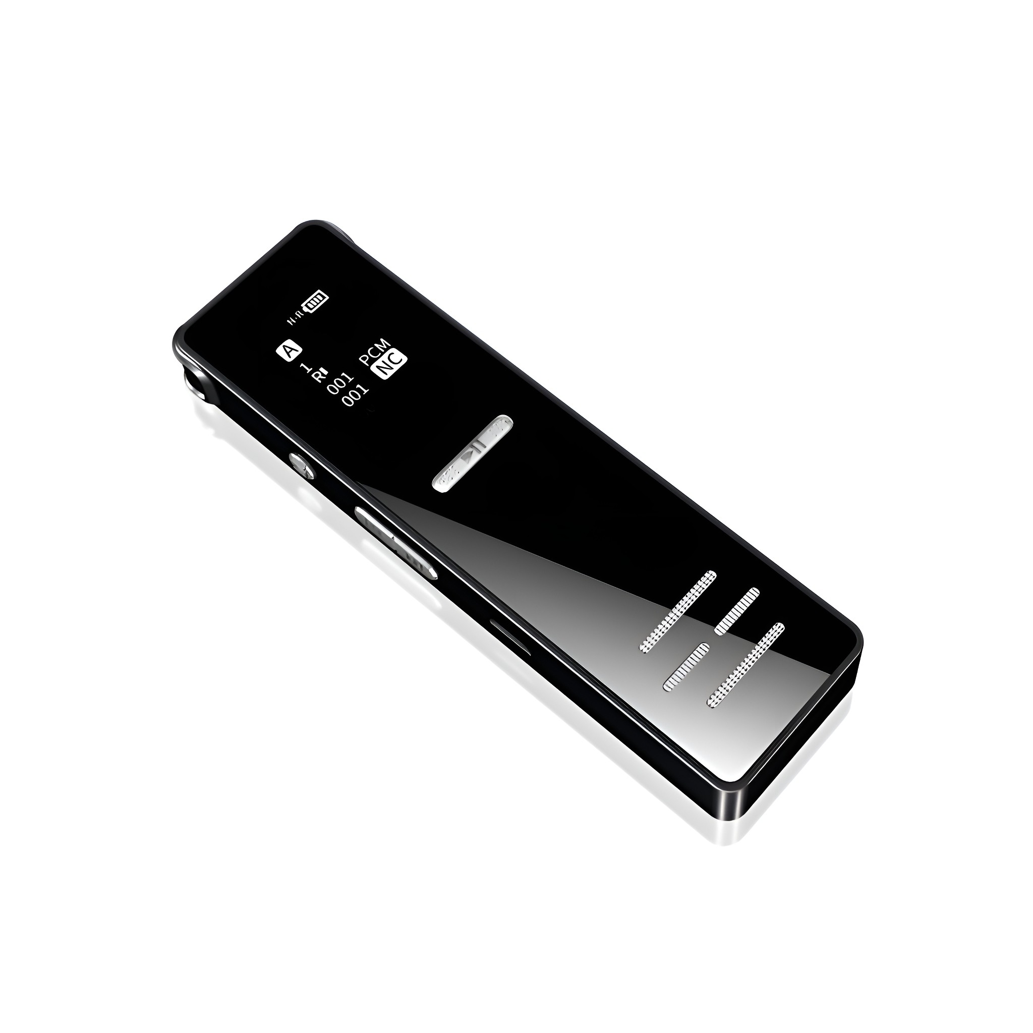 Schwarzes digitales Aufnahmegerät auf Weiß. Zeigt Display mit Tasten. Glänzende Oberfläche.