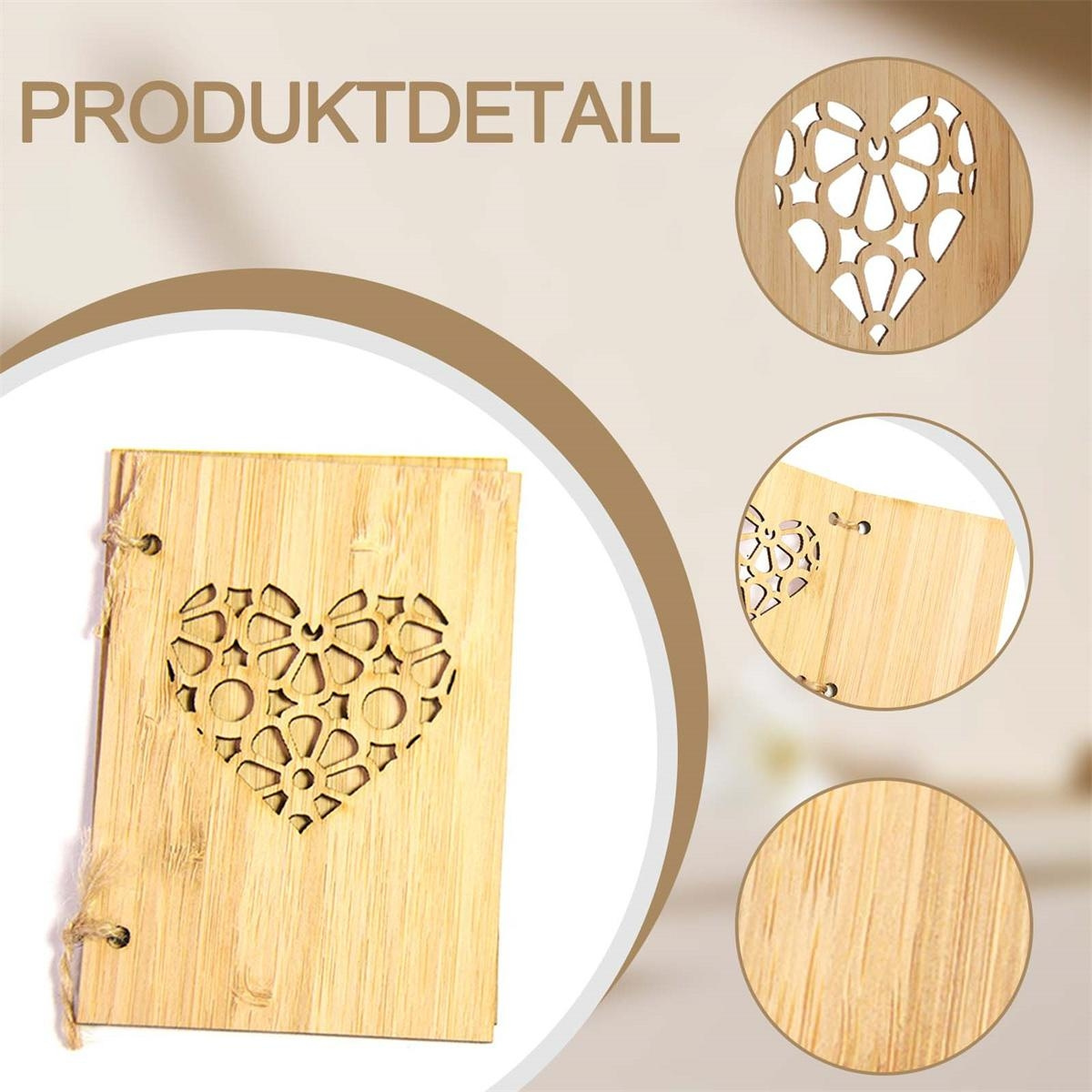 Holznotizbuch mit herzförmigem Ausschnitt. Drei Detailbilder zeigen Design und Holzstruktur.