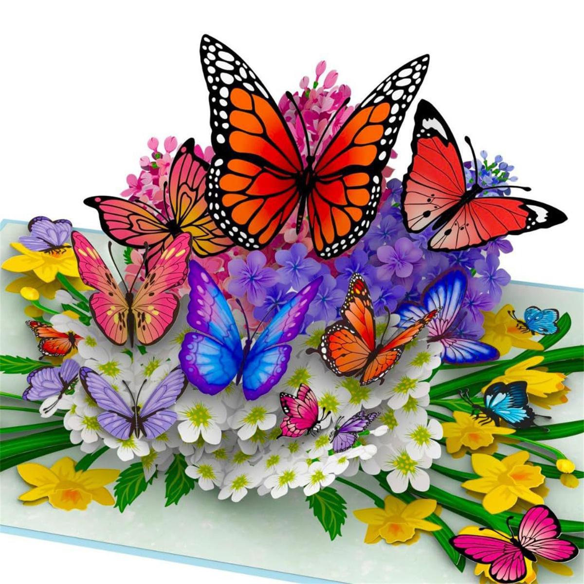 Bunte Schmetterlings-Pop-up-Karte mit vielen Schmetterlingen auf weißen Blumen.