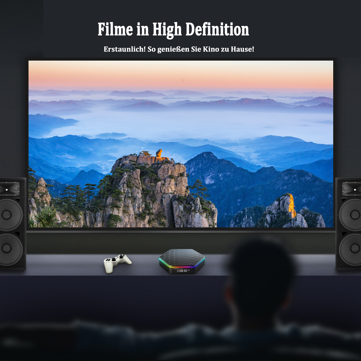 Ein Wohnzimmer mit einem großen Bildschirm, der eine Berglandschaft zeigt, und einer Media Box.