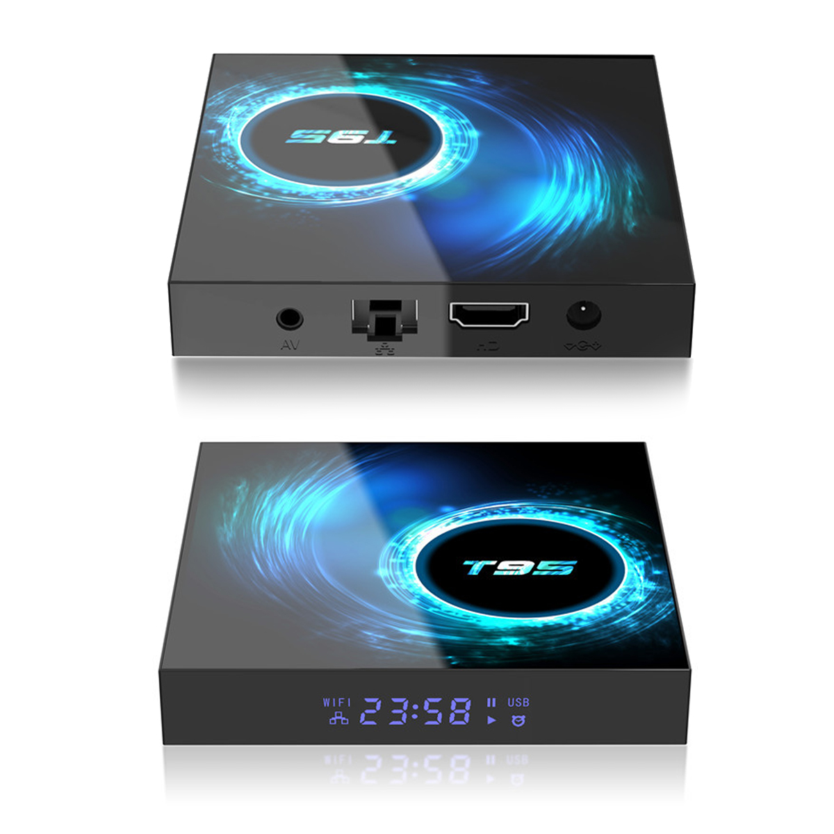 Zwei Ansichten einer schwarzen TV-Box mit blauem Wirbeldesign.