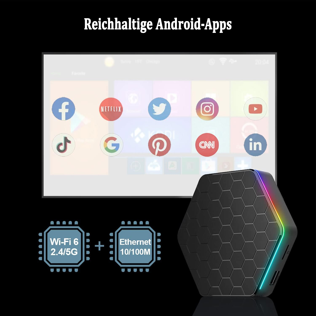 Android TV-Box mit Apps auf dem Bildschirm und WLAN-, Ethernet-Symbolen. Ein sechseckiges Gerät mit bunten Lichtern.