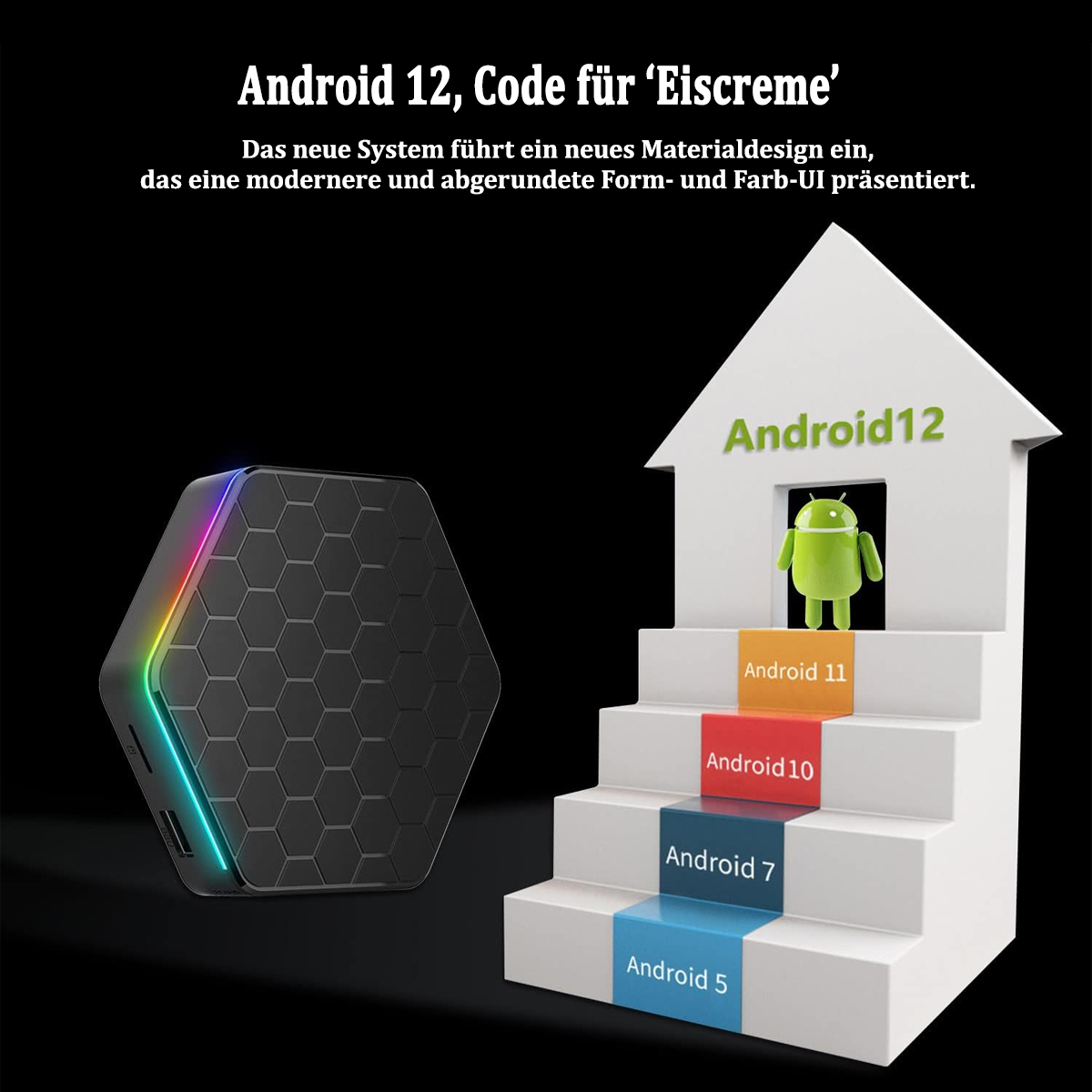 Android TV-Box mit grüner Android-Figur auf Treppe.