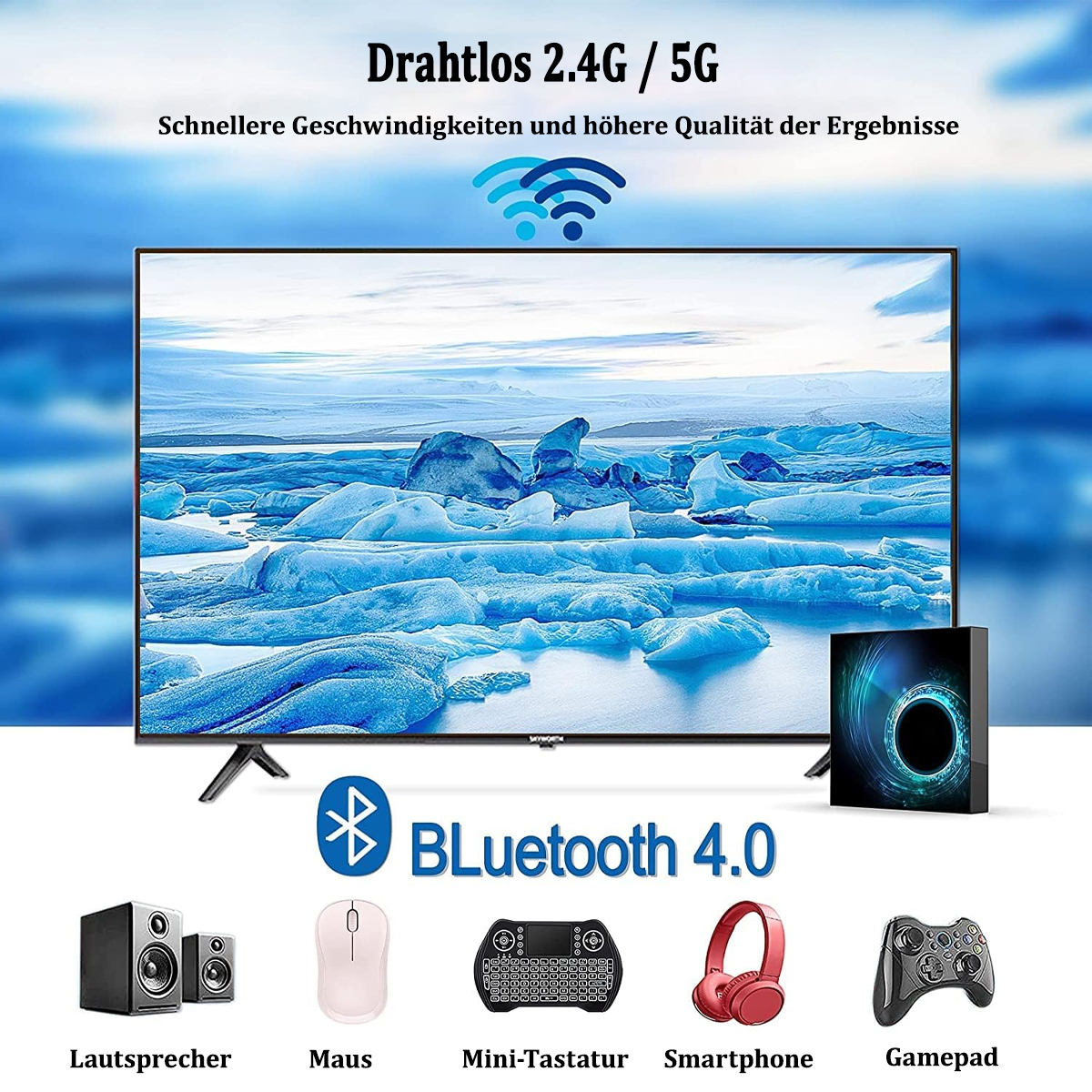 Fernseher mit schneebedeckter Landschaft. Zubehör: Lautsprecher, Maus, Mini-Tastatur, Kopfhörer, Gamepad. Bluetooth.