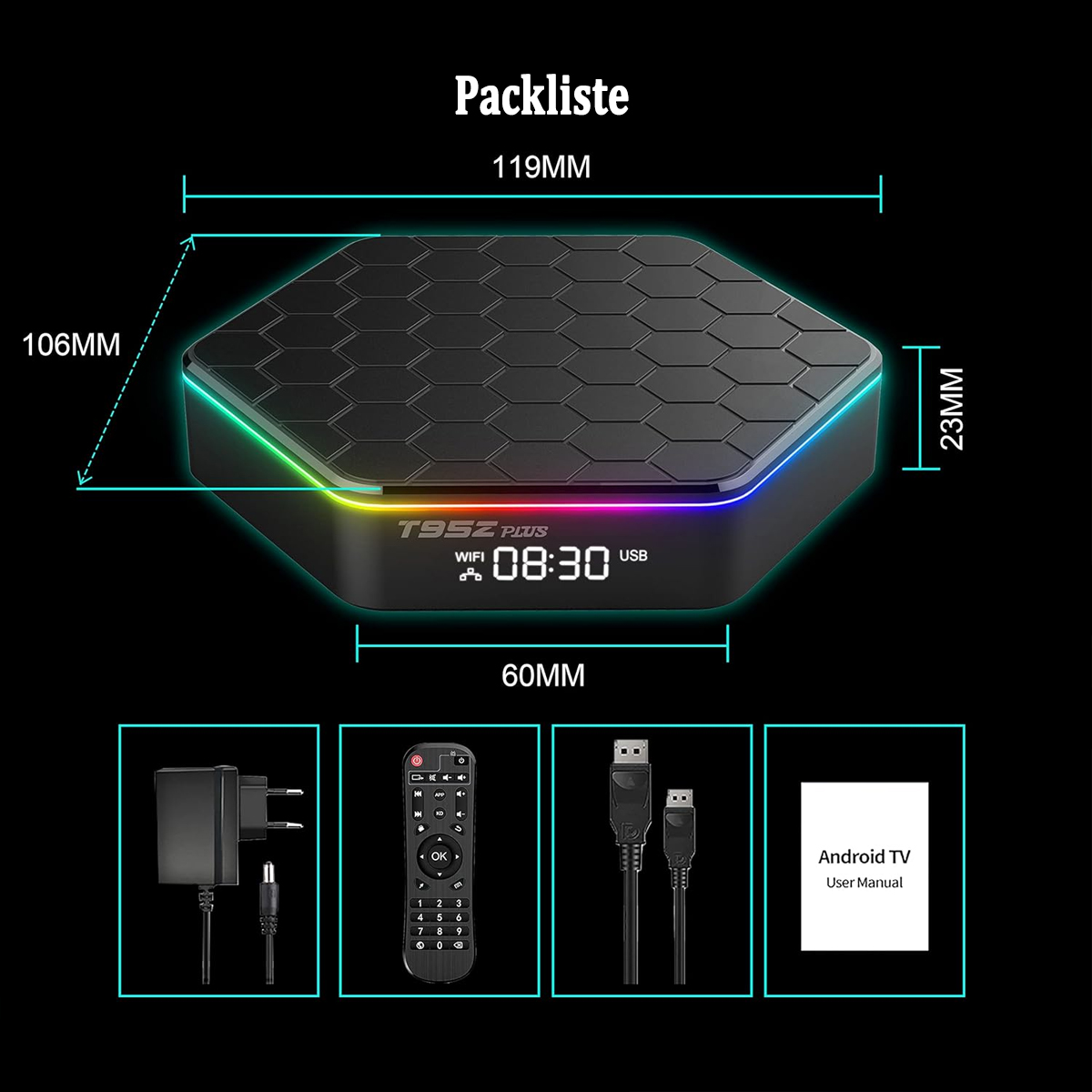 Schwarze, sechseckige Android TV Box mit farbigem Licht, umgeben von Zubehör und Abmessungen.