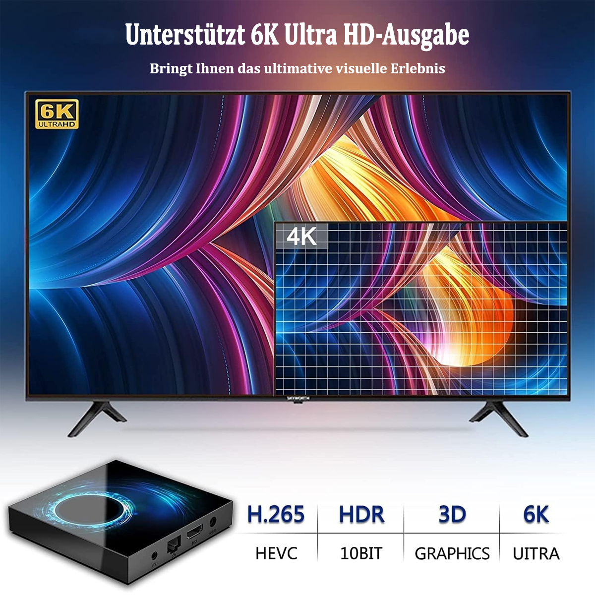 Großer Fernsehbildschirm mit farbenfrohen Bildern. Eine Set-Top-Box im Vordergrund, mit Spezifikationen.