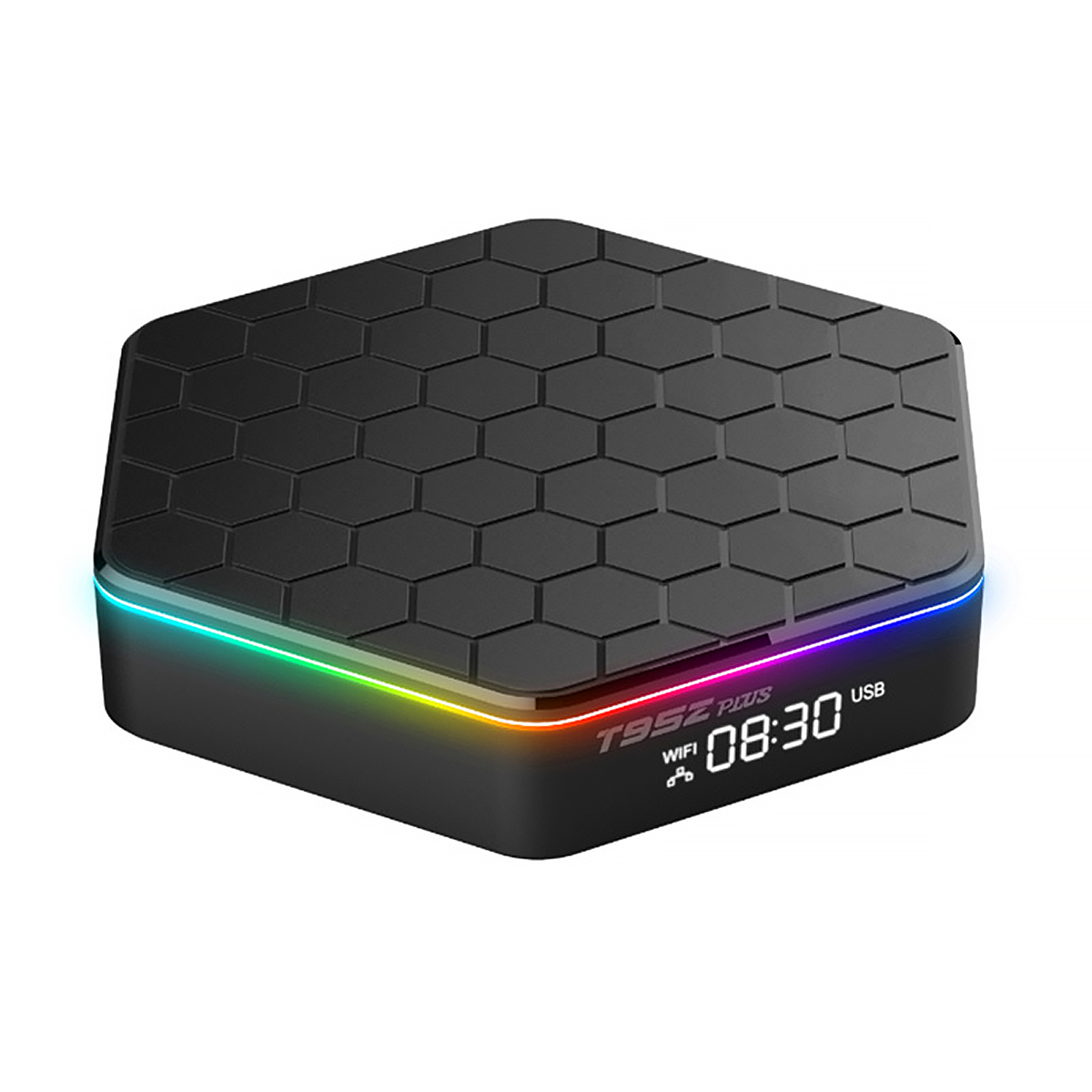 Schwarze TV-Box mit Wabenmuster oben, farbigem Licht unten und einem Display.