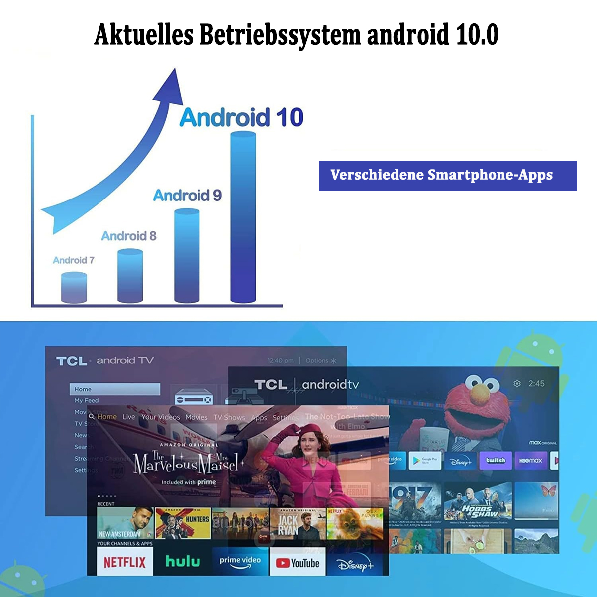 Android 10 und ältere Versionen Vergleichsdiagramm. TV-Bildschirm mit Apps und Streaming-Diensten.