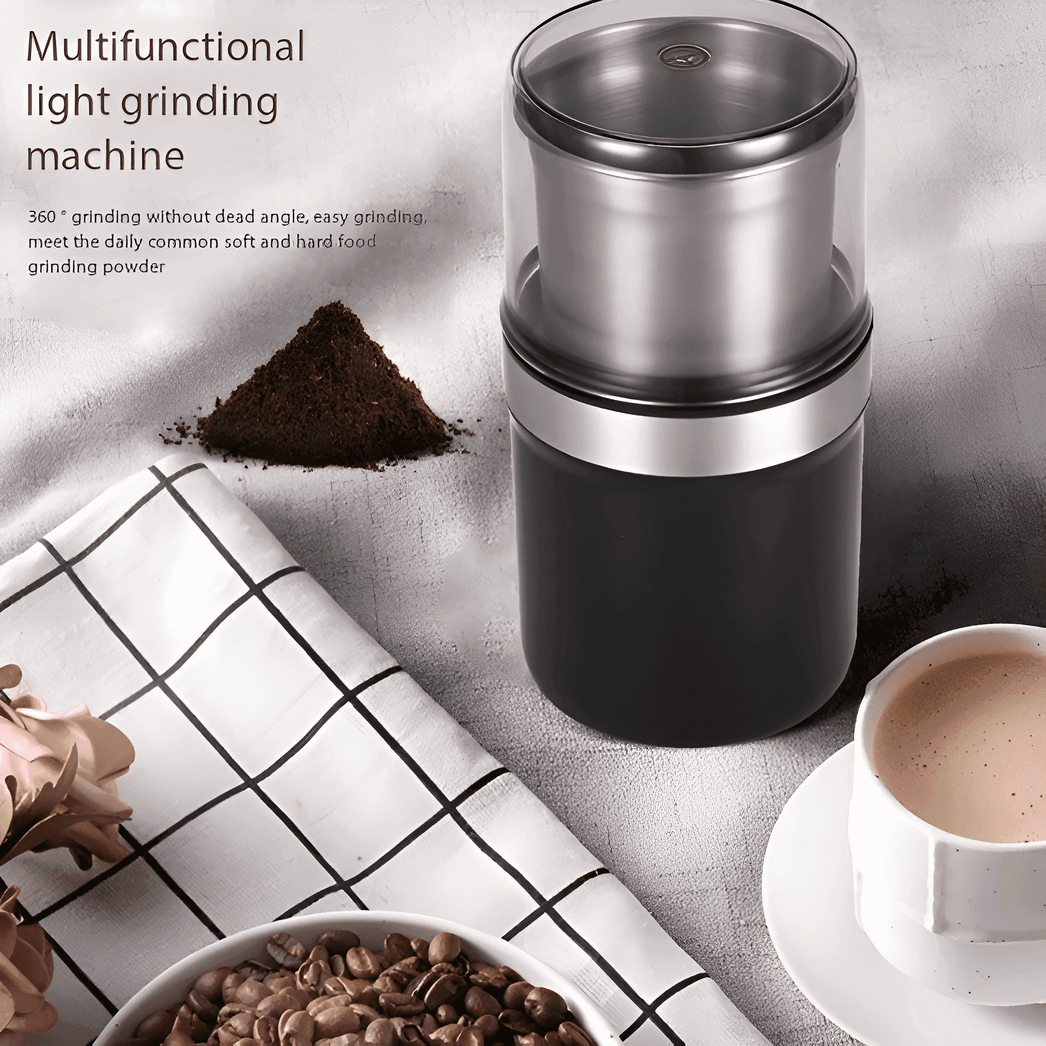 Schwarze Mühle mit Kaffeebohnen und Pulver. Text sagt: Multifunktionale Leichtmahlmaschine.