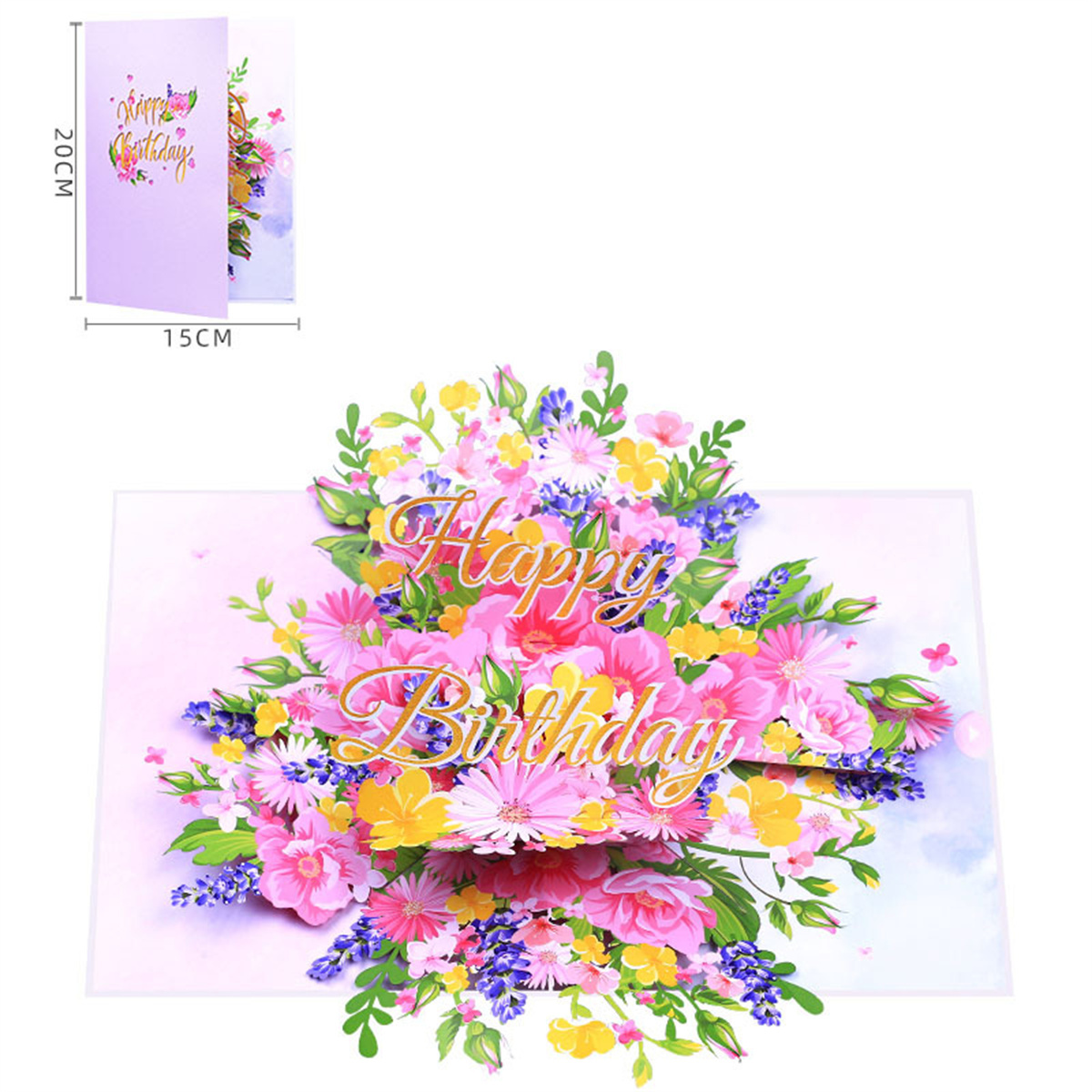 Eine Pop-up-Geburtstagskarte mit einem lebendigen Blumendesign und den Worten 'Happy Birthday'.