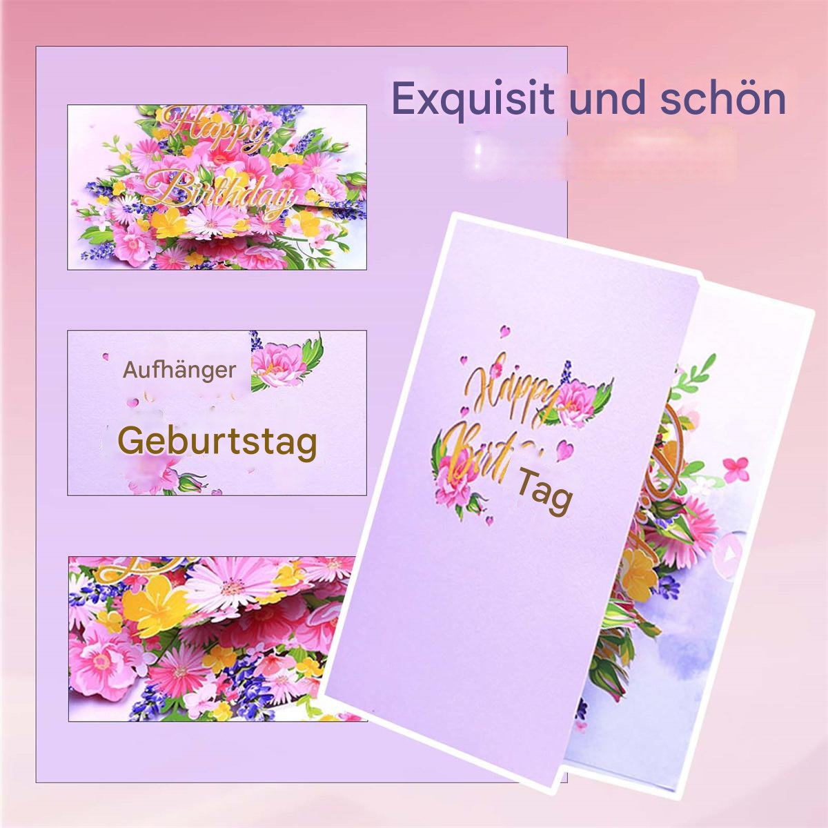 Grußkarten mit Blumen. Eine hat eine Geburtstagsbotschaft. Der Text auf Deutsch lautet: 'Exquisit und schön'.