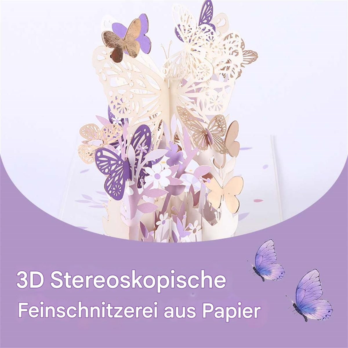 3D-Pop-up-Papierbastelarbeit von Schmetterlingen und Blumen in lila Umgebung.