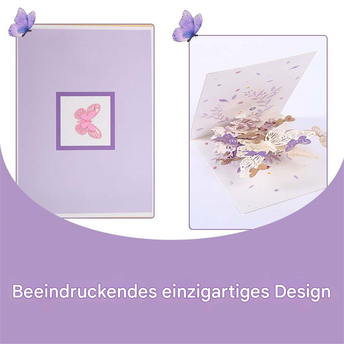 Eine Pop-up-Karte mit Schmetterlingen und Blumen, mit Text auf Deutsch.