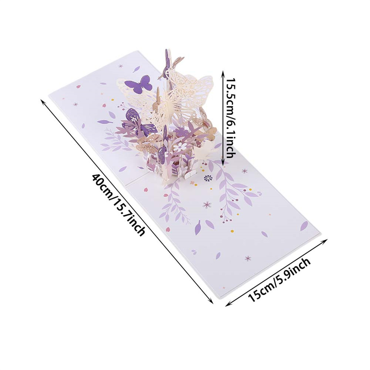 Pop-up-Karte mit Schmetterlingen und Blumen, Abmessungen beschriftet.